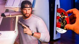 دیسک بازی رد دد ردمپشن (Red Dead Redemption) در حال قرارگیری در کنسول پلی‌استیشن ۵ (پلی استیشن ۵)
