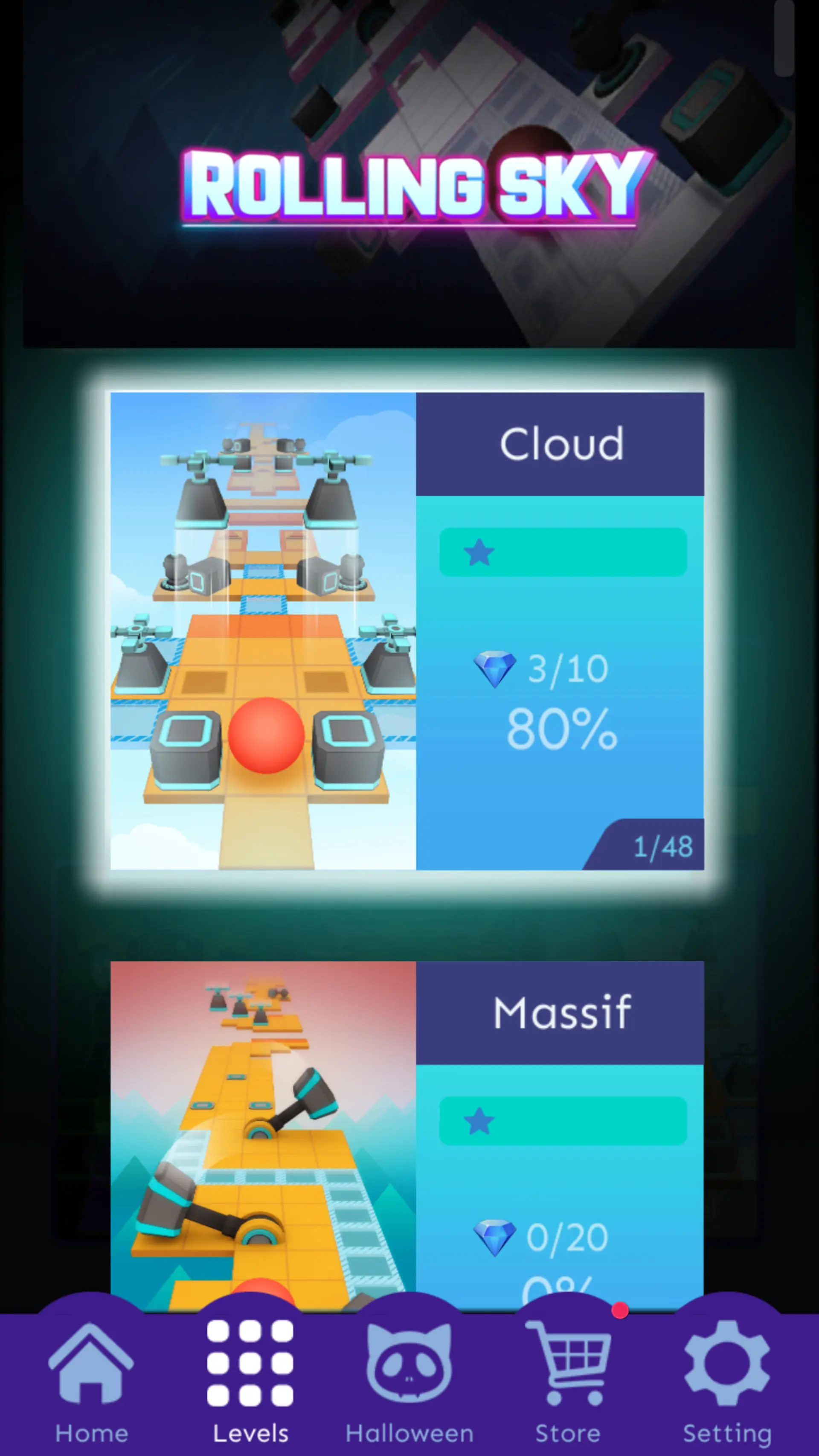 مراحل بازی Rolling Sky شامل سطح Cloud و سطح Massif در منوی بازی