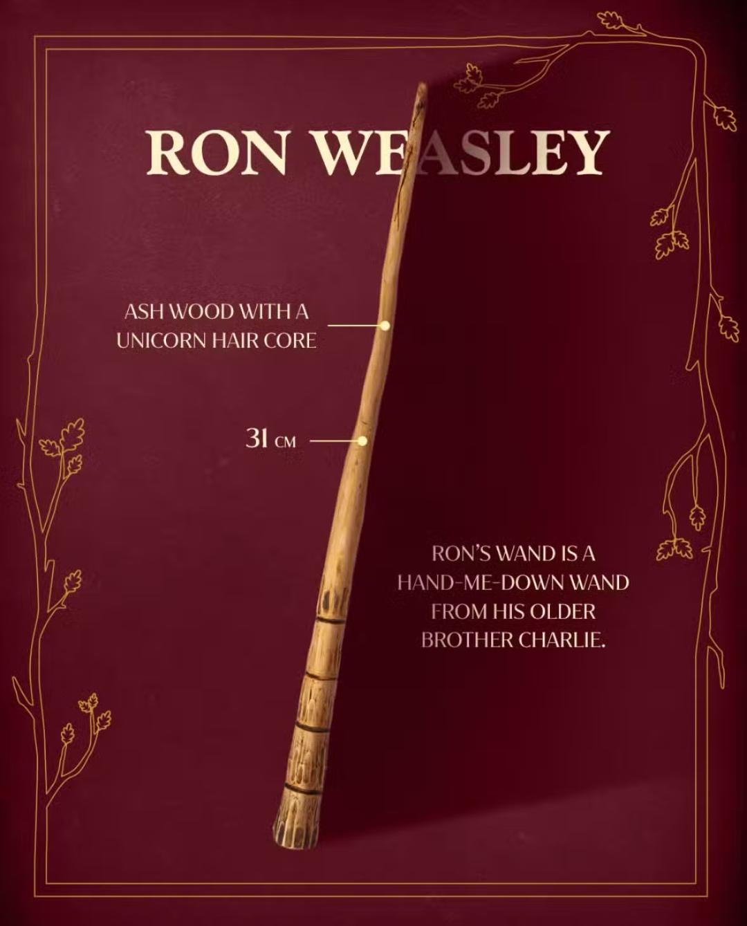 چوب‌دستی جادویی رون ویزلی (Ron Weasley) ساخته شده از چوب خاکستر با هسته موی تک‌شاخ