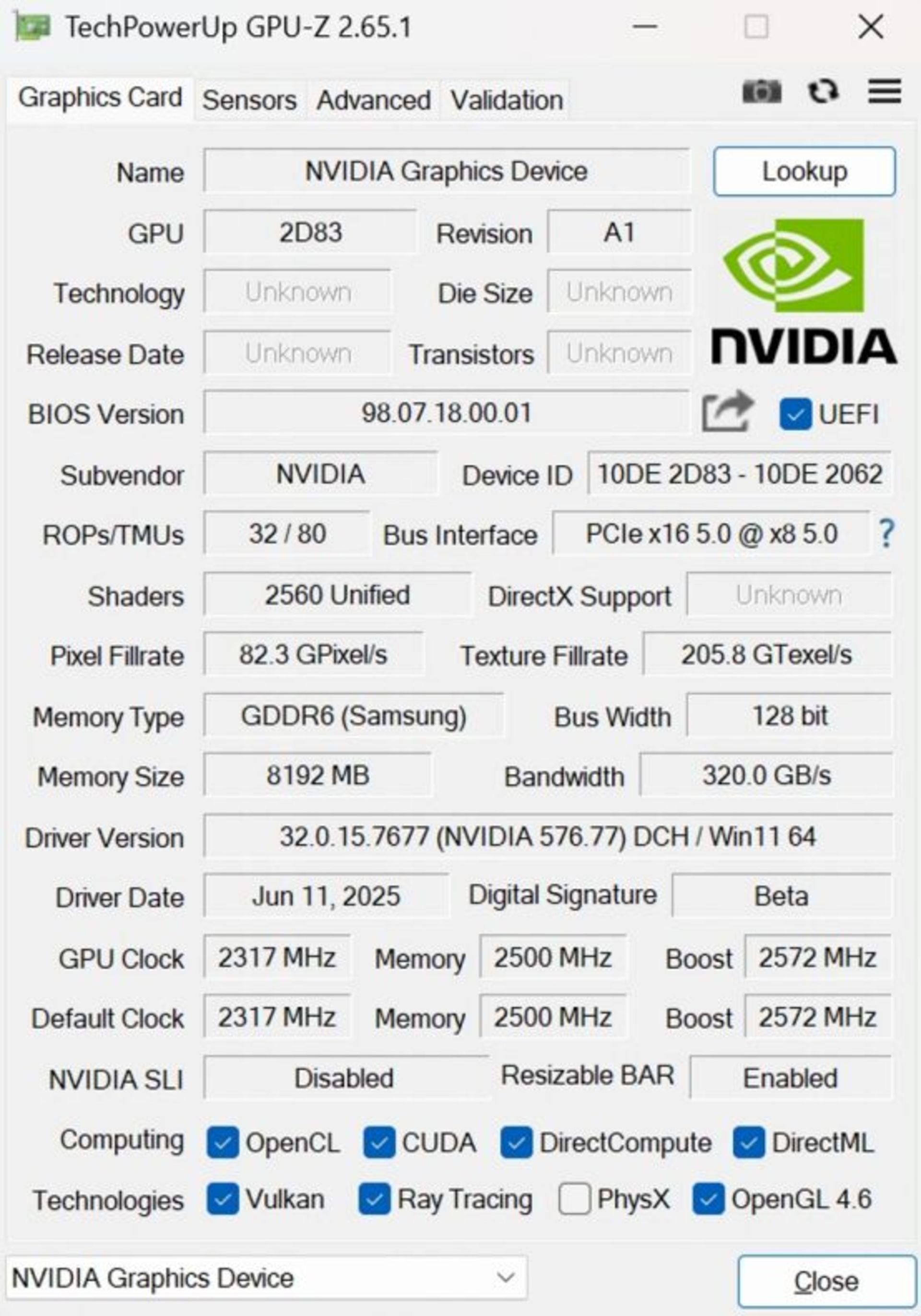 اسکرین شات GPU-Z کارت گرافیک GeForce RTX 5050