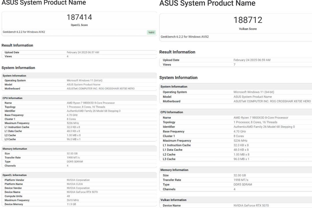 نتایج بنچمارک کارت گرافیک RTX 5070 در گیگبنچ