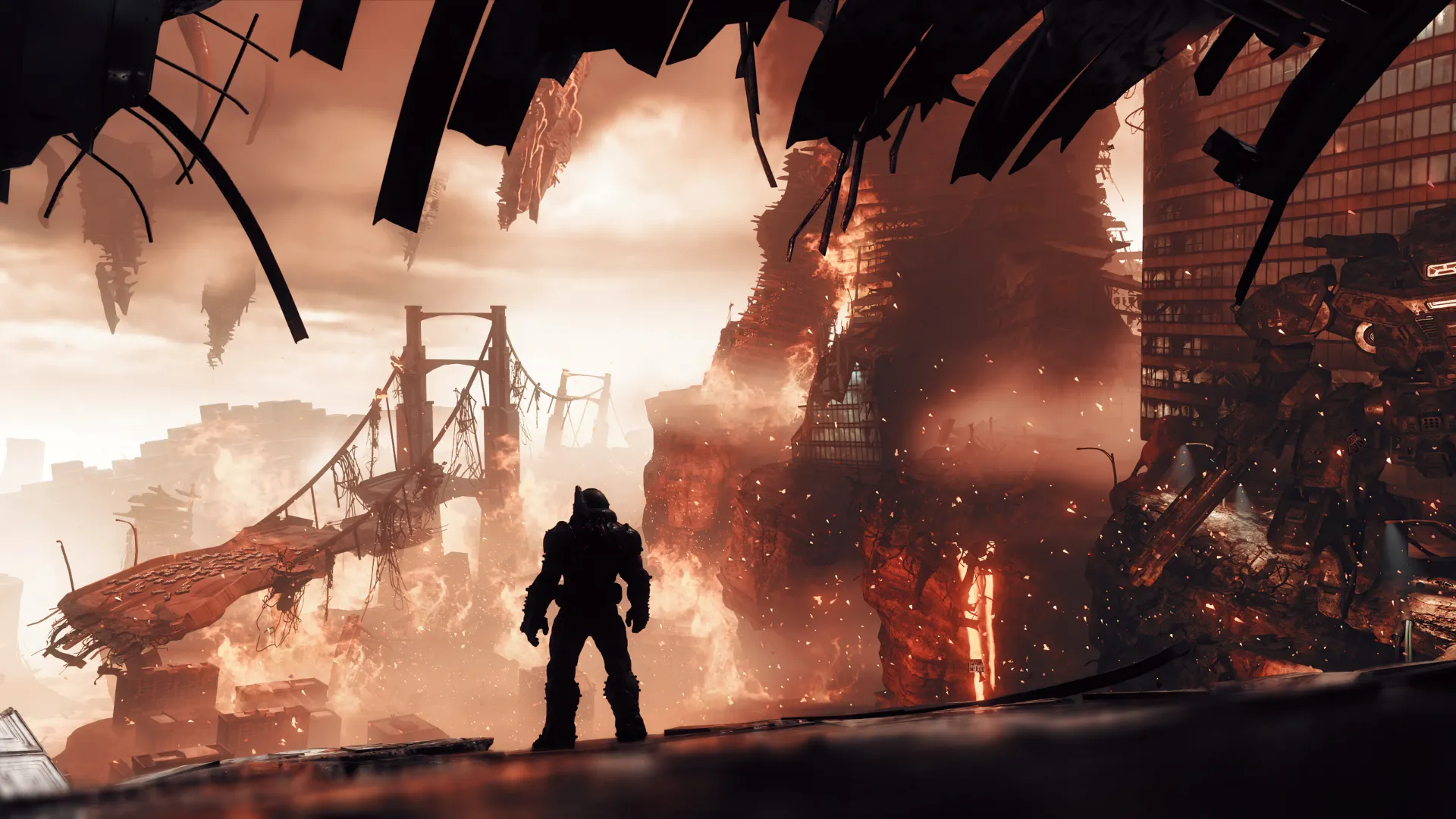 دووم‌گای (Doomguy) خیره به خرابه‌های زمین در بازی DOOM Eternal