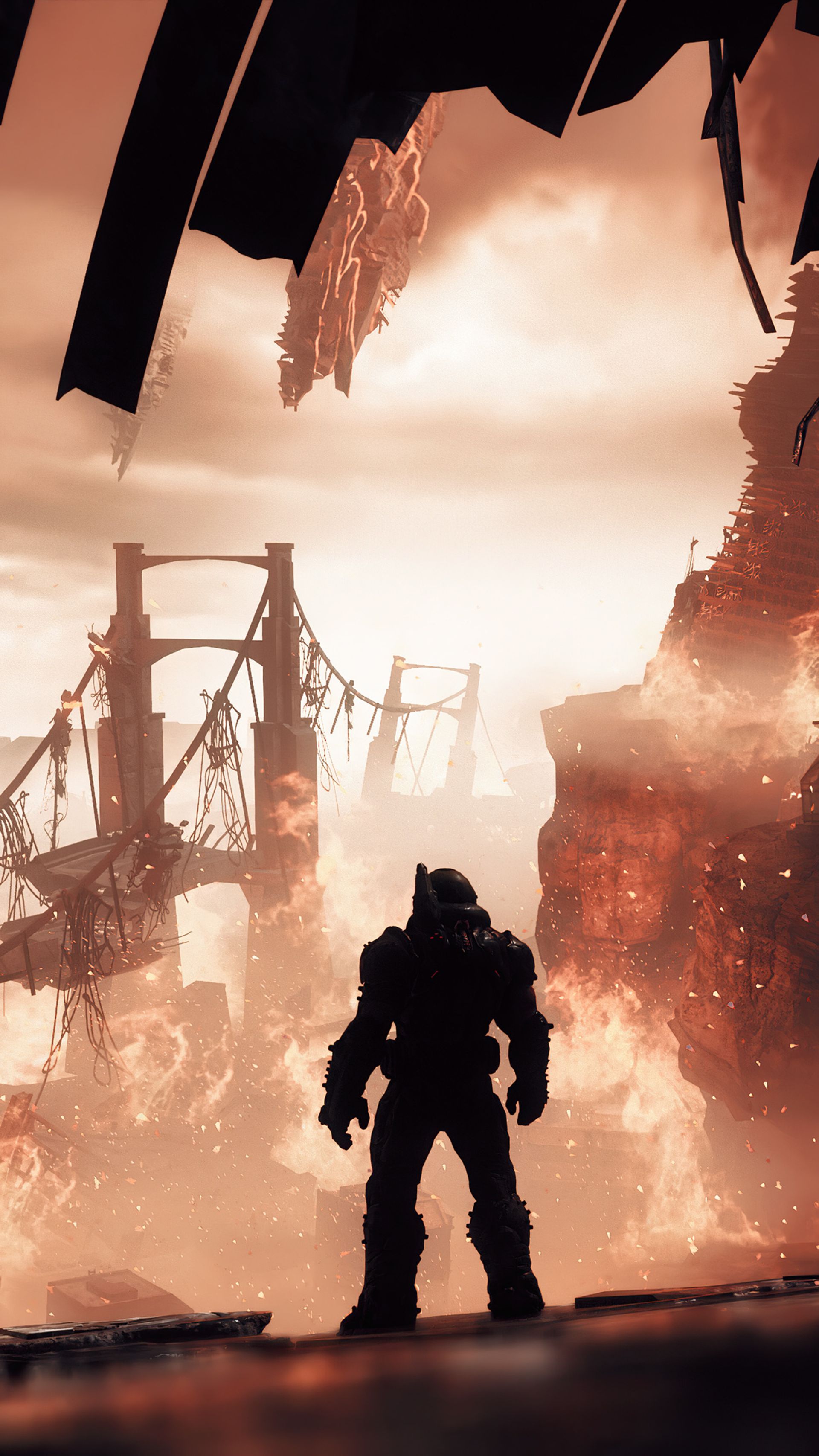 دووم‌گای (Doomguy) خیره به خرابه‌های زمین در بازی DOOM Eternal