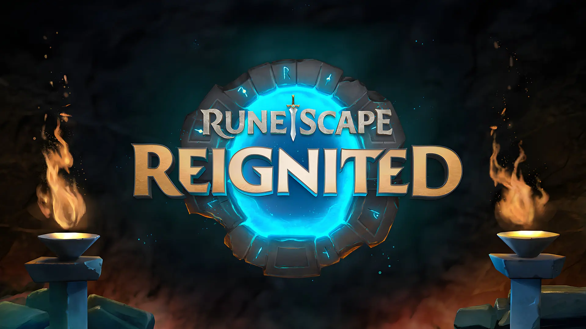 لوگوی بازی RuneScape Reignited با پس‌زمینه درخشان آبی و مشعل‌های آتشین
