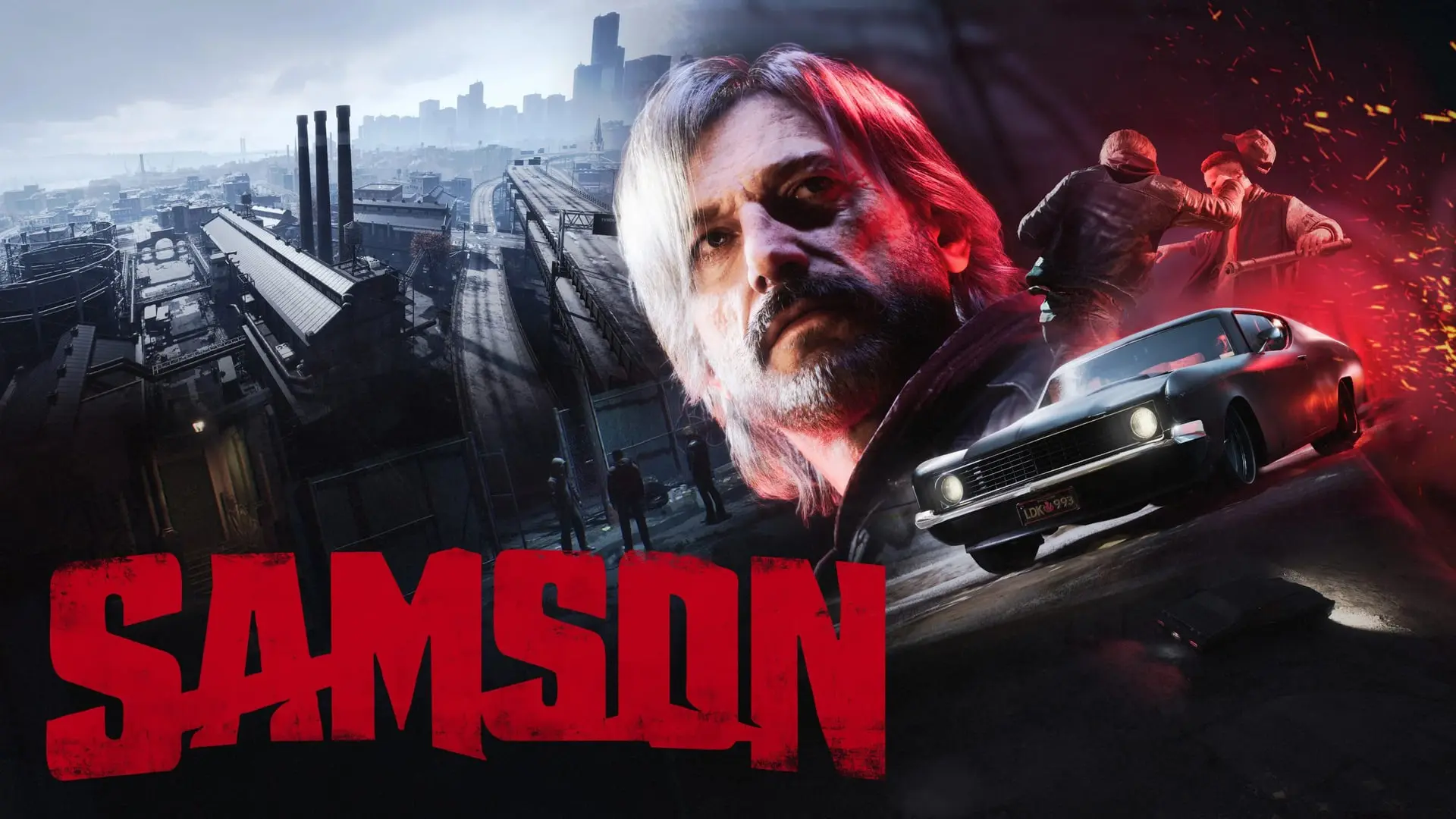 چهره شخصیت اصلی بازی Samson در کنار صحنه‌های اکشن و محیط صنعتی