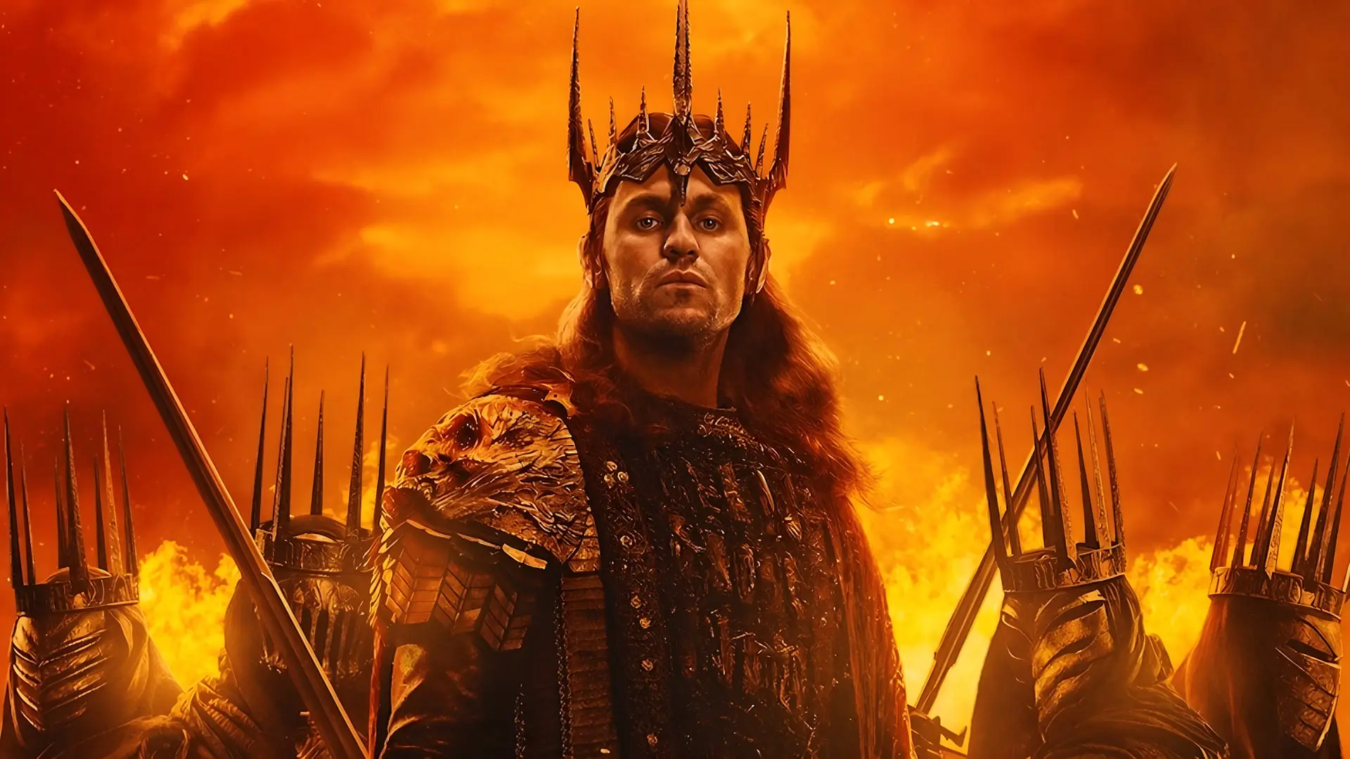 سائورون (Sauron) با تاج سیاه در پس‌زمینه‌ی آتشین و شعله‌ها