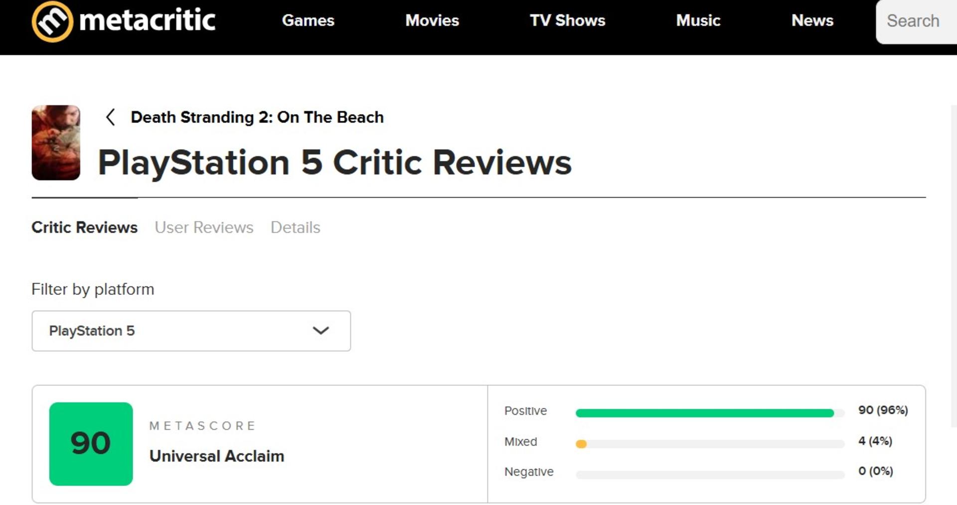 میانگین نقدها و نمرات بازی Death Stranding 2: On the Beach در وب‌سایت Metacritic