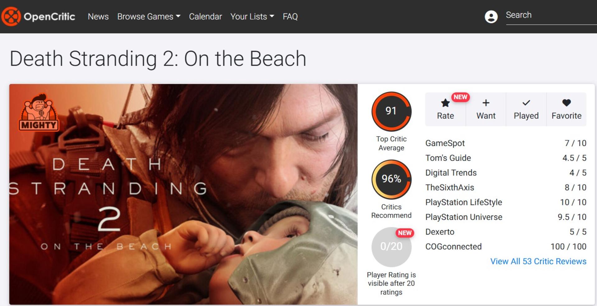 میانگین نقدها و نمرات بازی Death Stranding 2: On the Beach در وب‌سایت OpenCritic