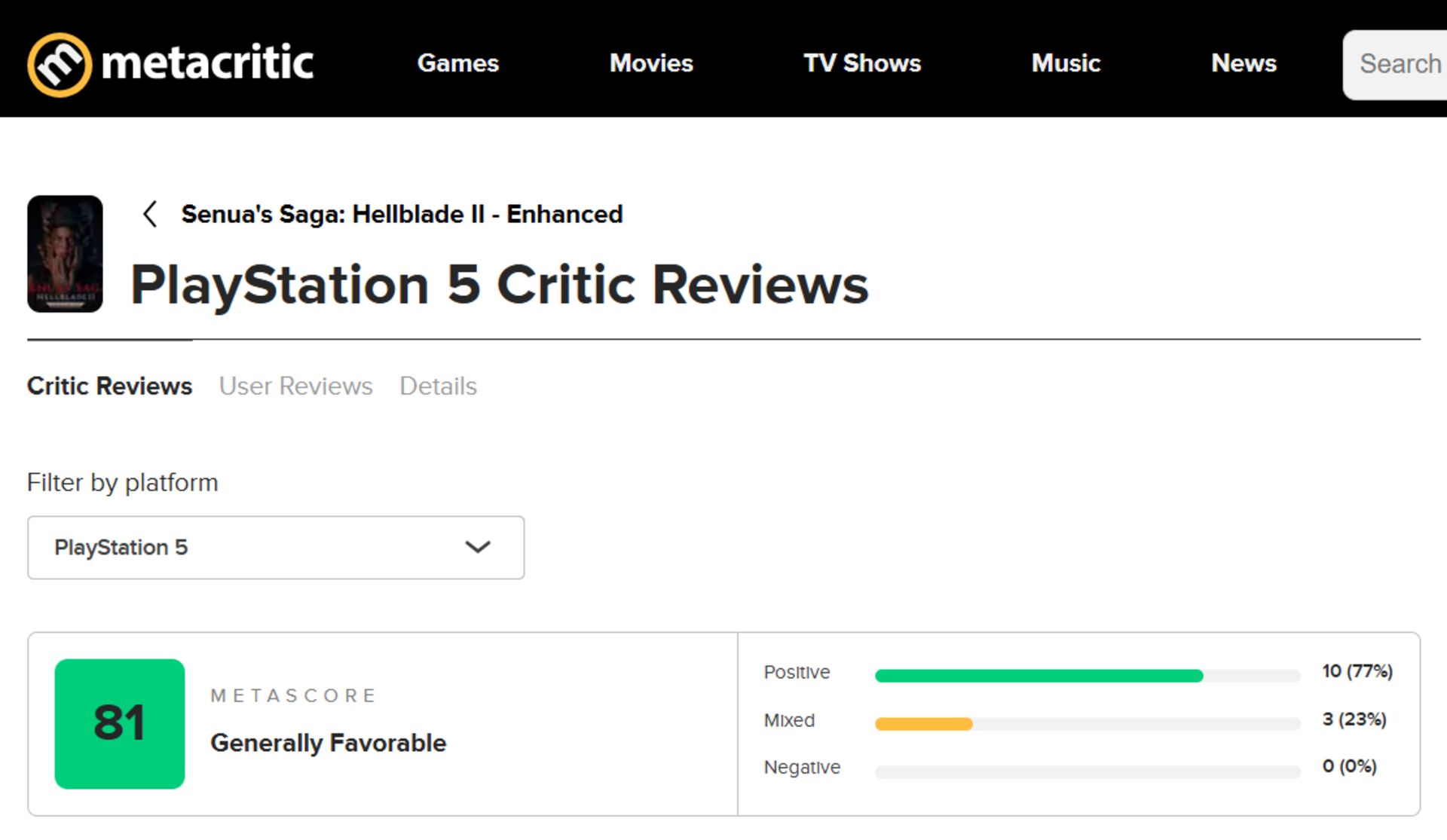 میانگین نقدها و نمرات بازی Senua's Saga: Hellblade 2 - Enhanced در وب‌سایت متاکریتیک (Metacritic)