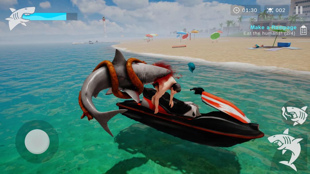 کوسه در بازی Shark Ravage در حال حمله به موتورسوار در ساحل