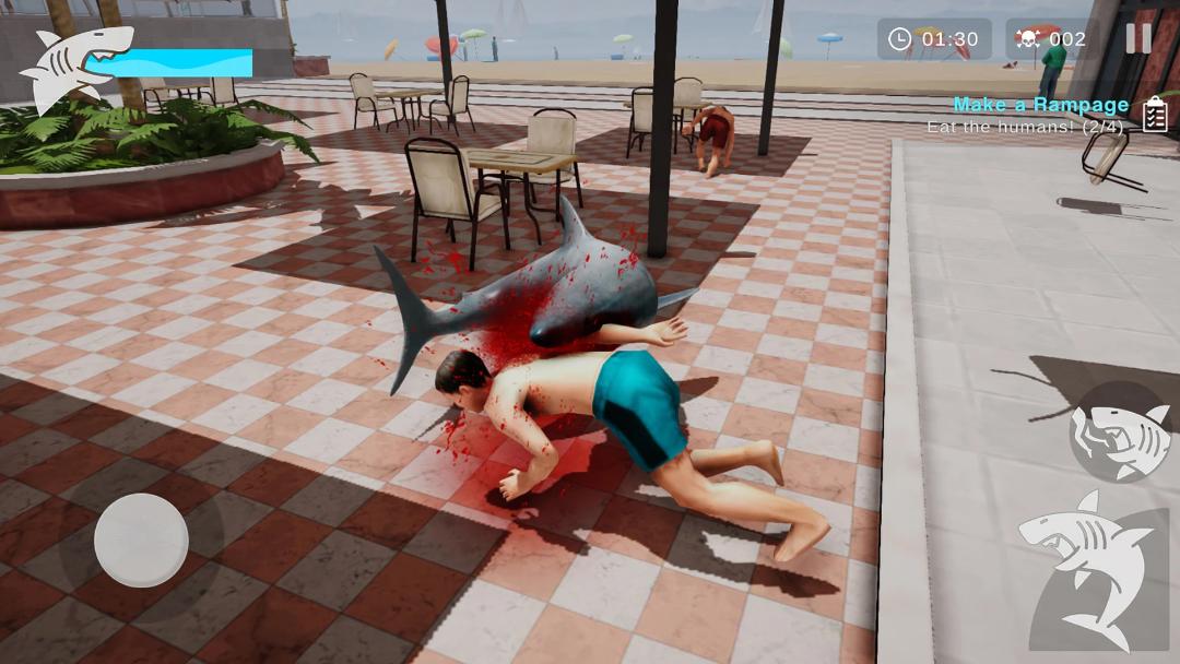 کوسه در بازی Shark Ravage در حال حمله به یک انسان در ساحل است