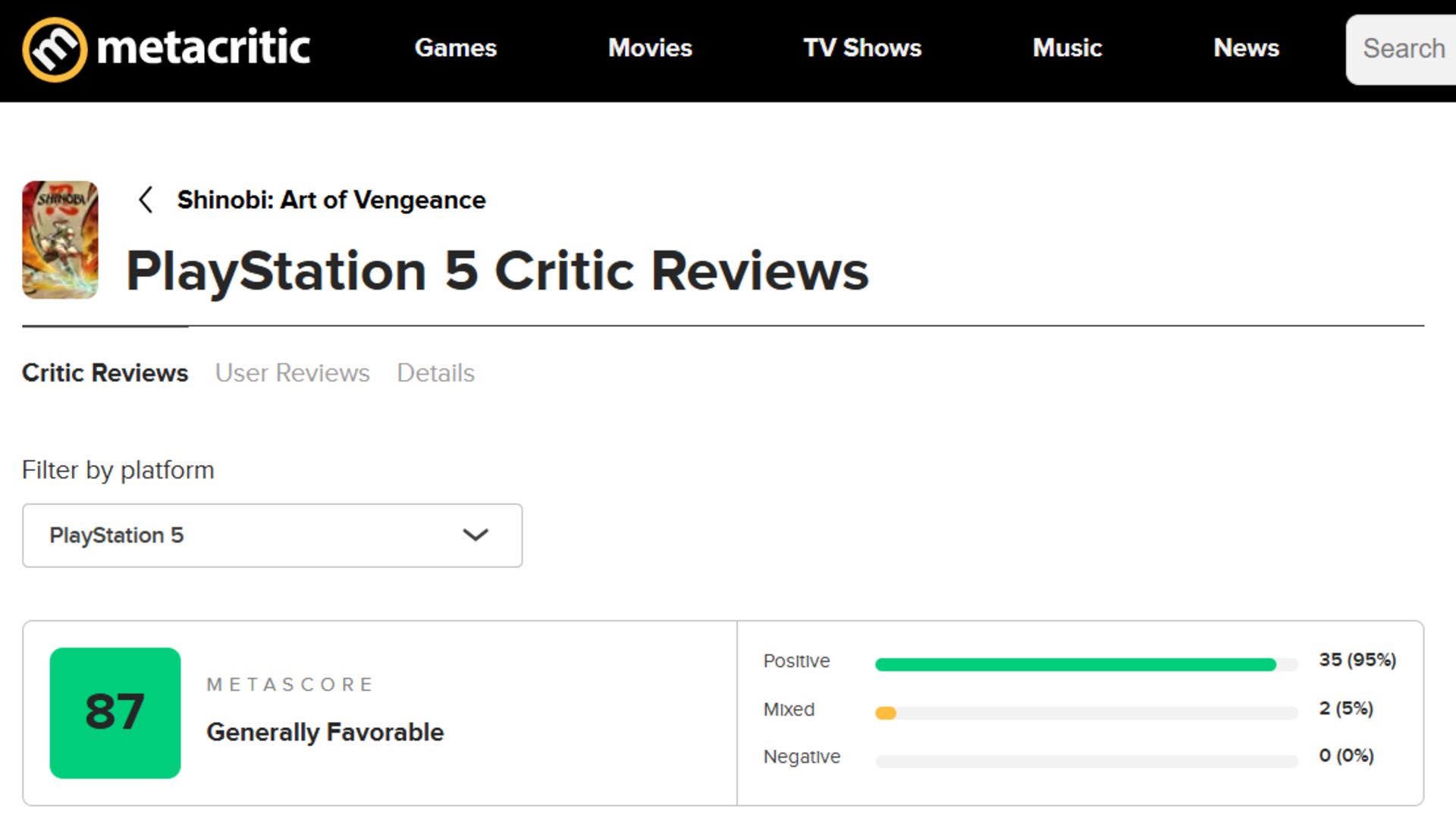 میانگین نقدها و نمرات بازی Shinobi: Art of Vengeance در وب‌سایت متاکریتیک (Metacritic)