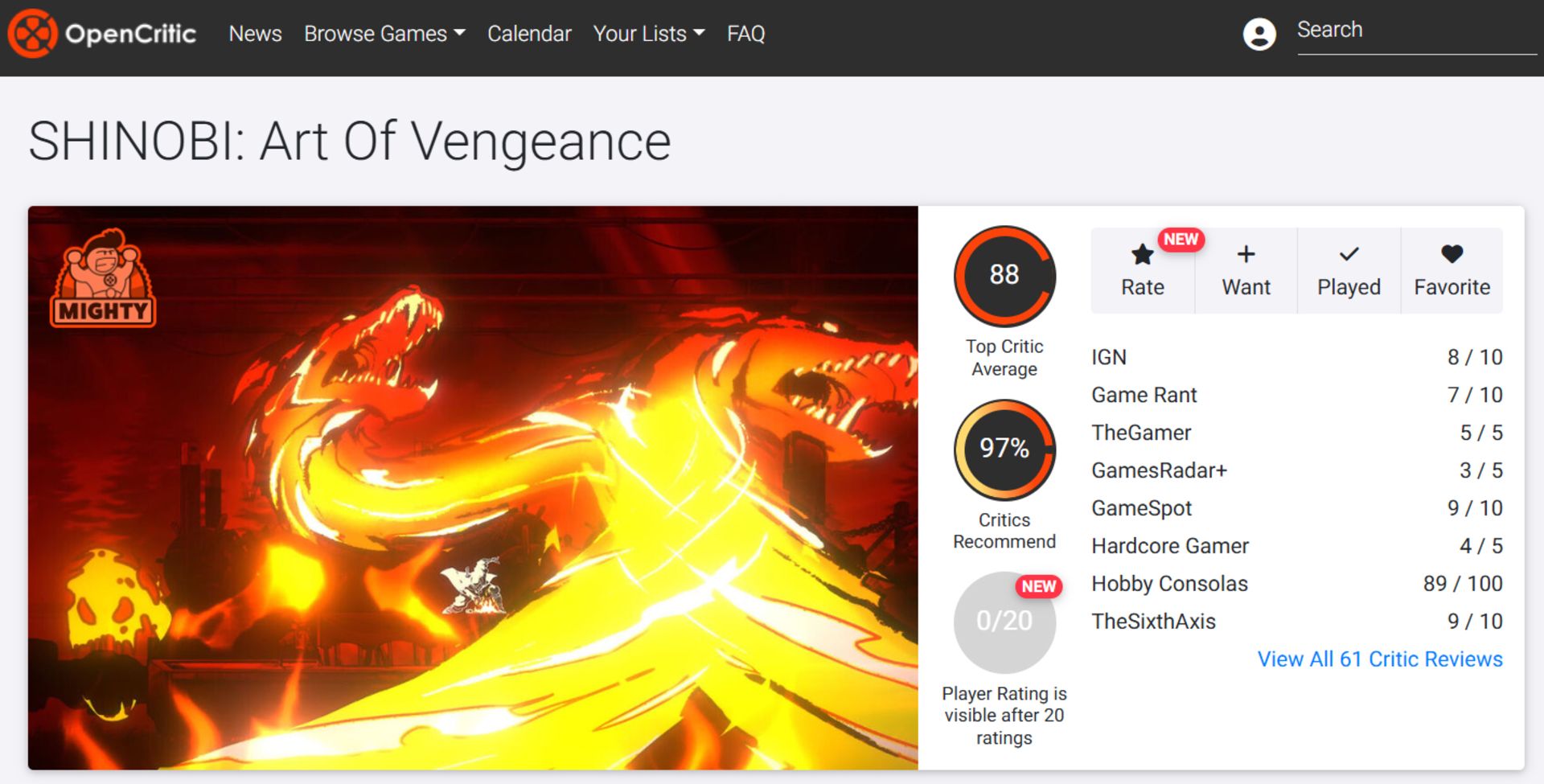 میانگین نقدها و نمرات بازی Shinobi: Art of Vengeance در وب‌سایت اوپن‌کریتیک (Opencritic)