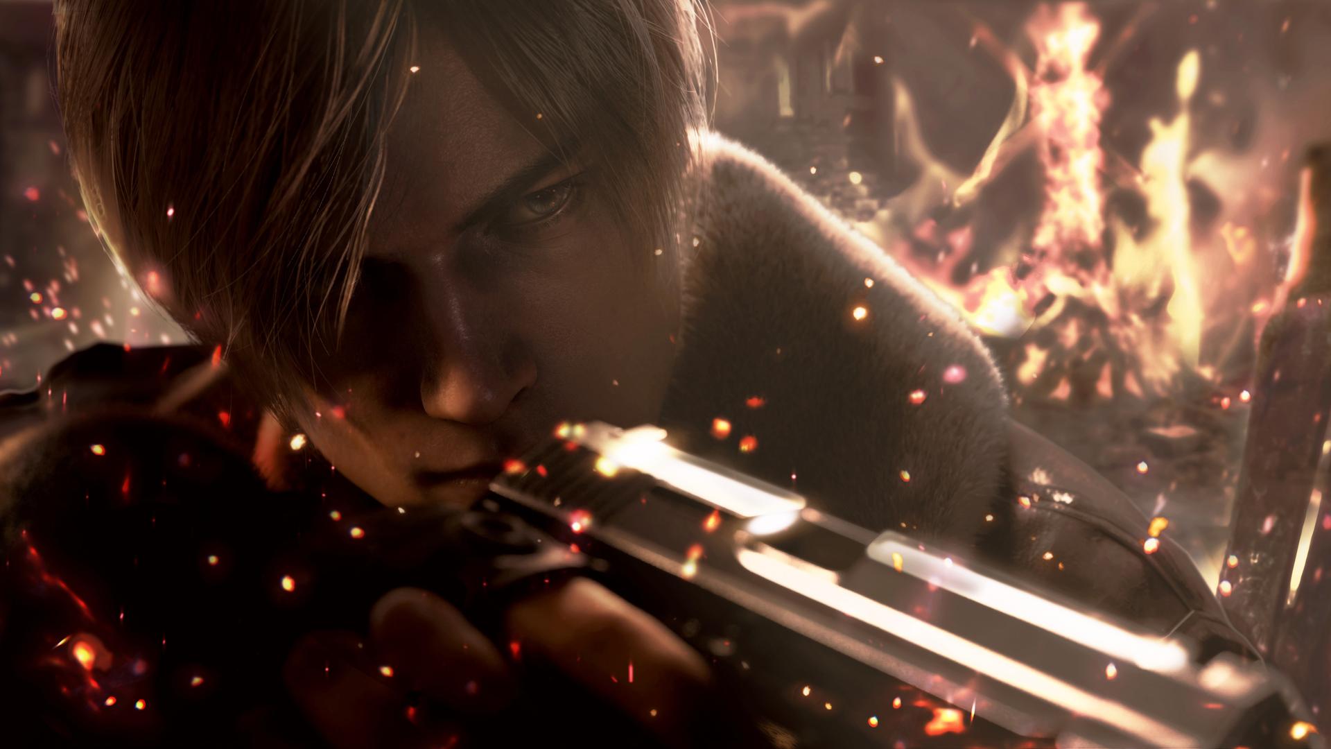 تیراندازی لیان اسکات کندی (Leon Scott Kennedy) از بازی Resident Evil 4 در یک محیط آتش‌گرفته