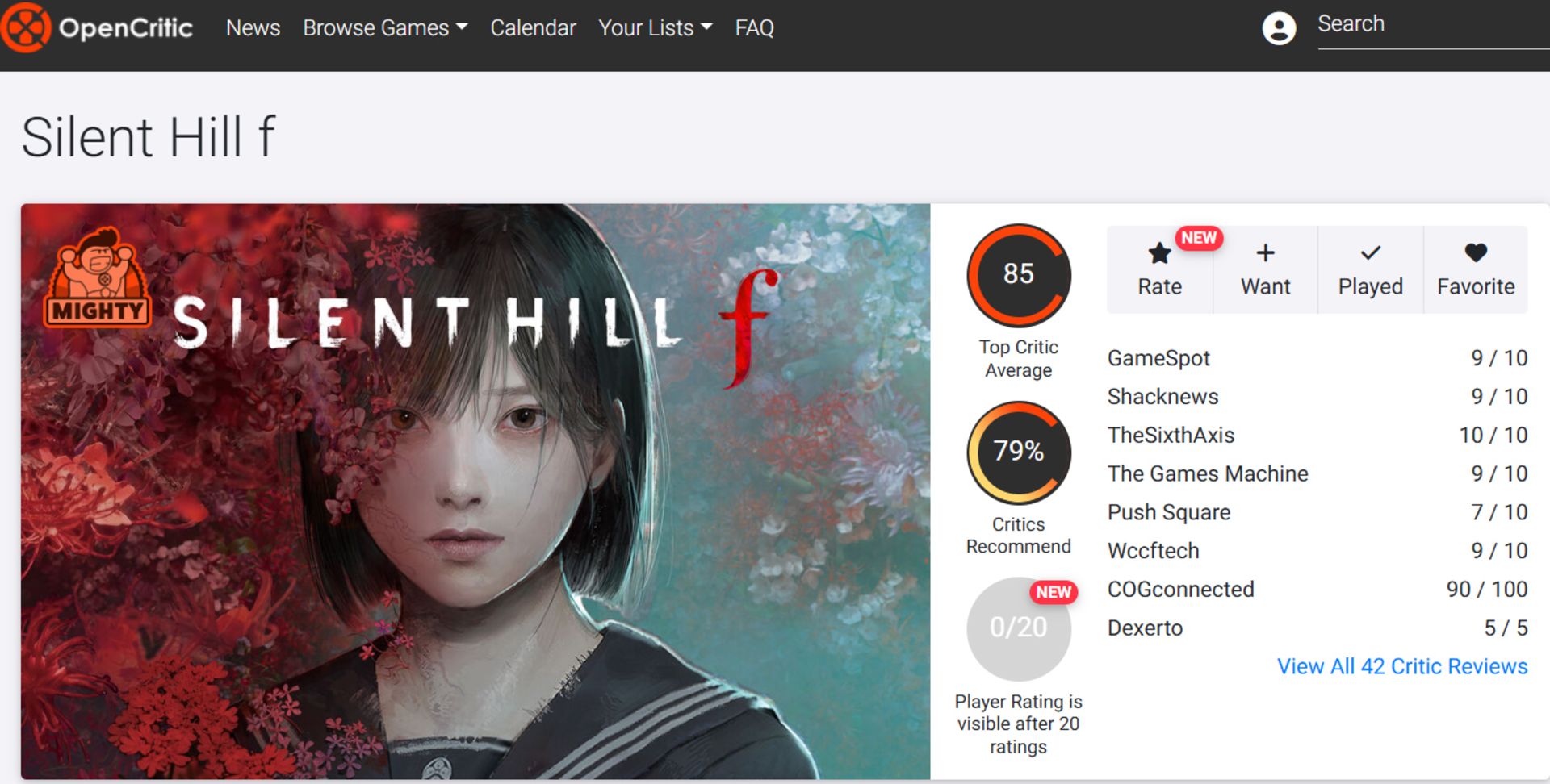 میانگین نقدها و نمرات بازی Silent Hill f در وب‌سایت اوپن‌کریتیک (Opencritic)