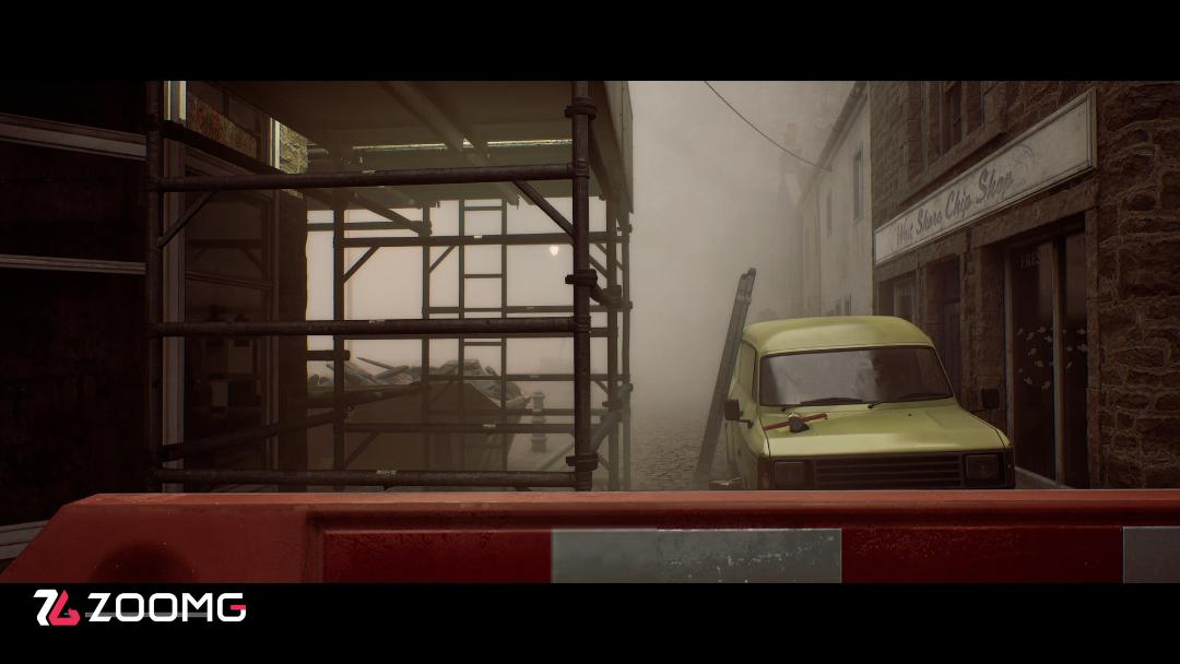 خیابان مه‌آلود و یک خودروی قدیمی در محیط بازی Silent Hill: Townfall