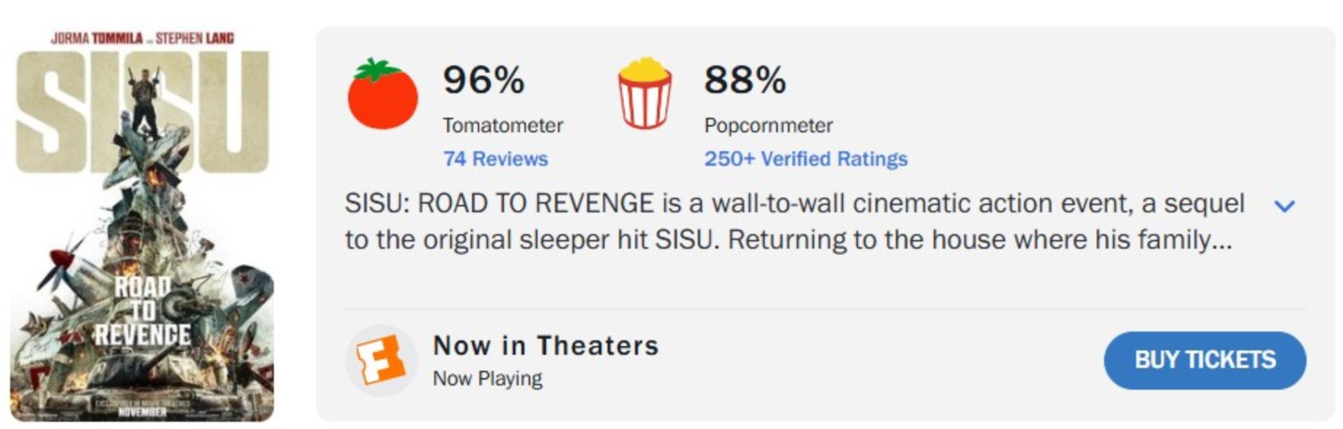 میانگین نقدهای فیلم Sisu: Road to Revenge در راتن تومیتوز