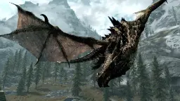 اژدهای بازی اسکایریم (Skyrim) در حال پرواز بر فراز کوه‌های برفی