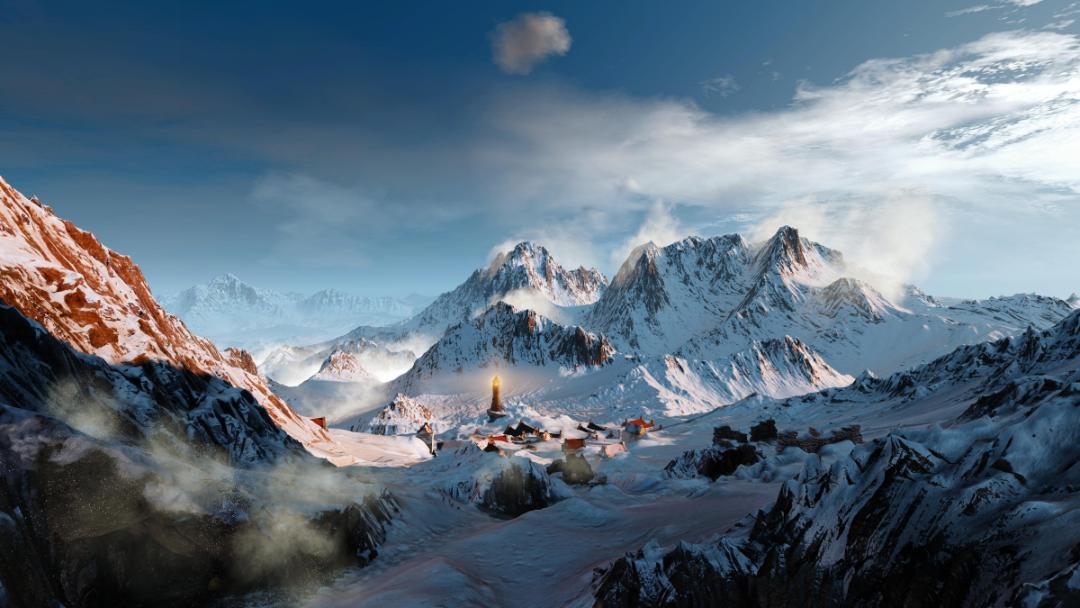 روستا و کوهستان پوشیده از برف در بازی The Witcher 3 Wild Hunt