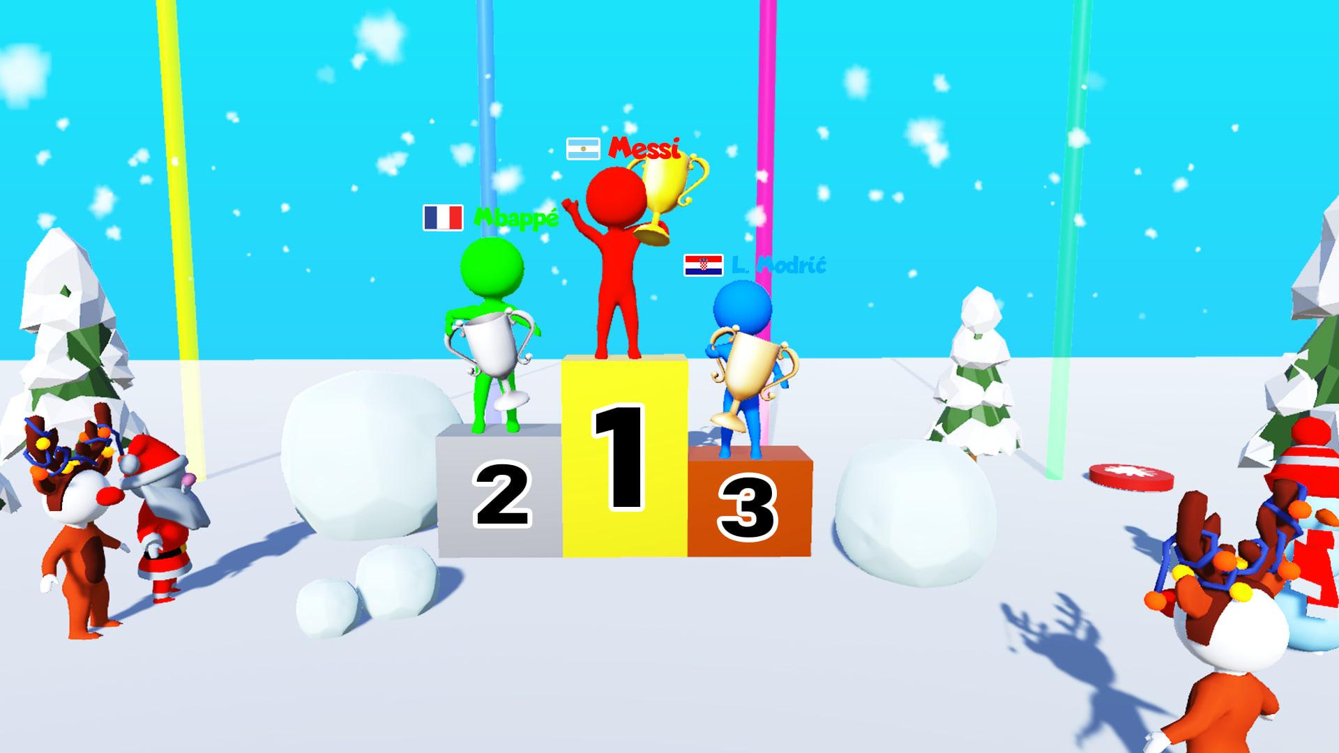 شخصیت‌های بازی Snow Race روی سکوی قهرمانی با جام‌های طلایی ایستاده‌اند