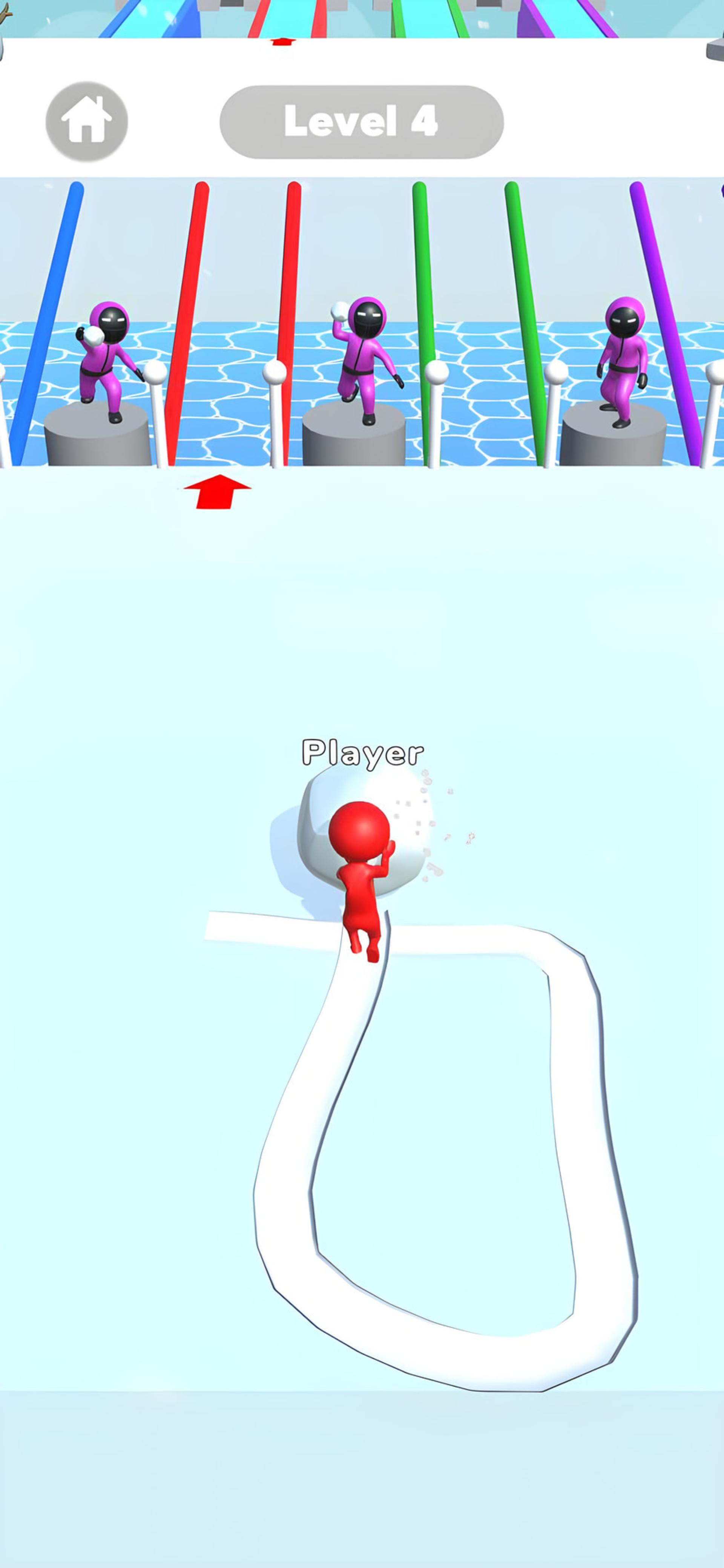 شخصیت قرمز بازی Snow Race در حال غلتاندن گلوله برف در مسیر