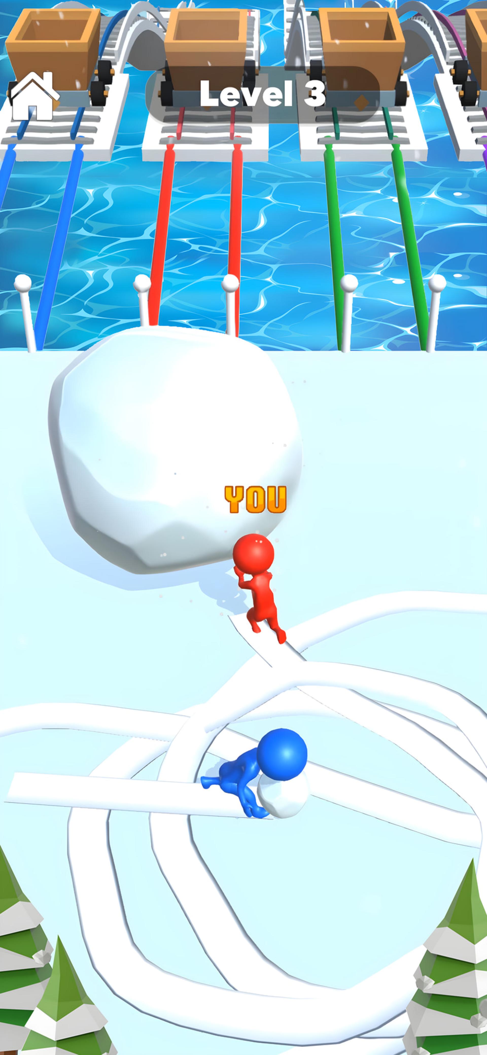 شخصیت قرمز در بازی Snow Race در حال هل دادن گلوله برف بزرگ