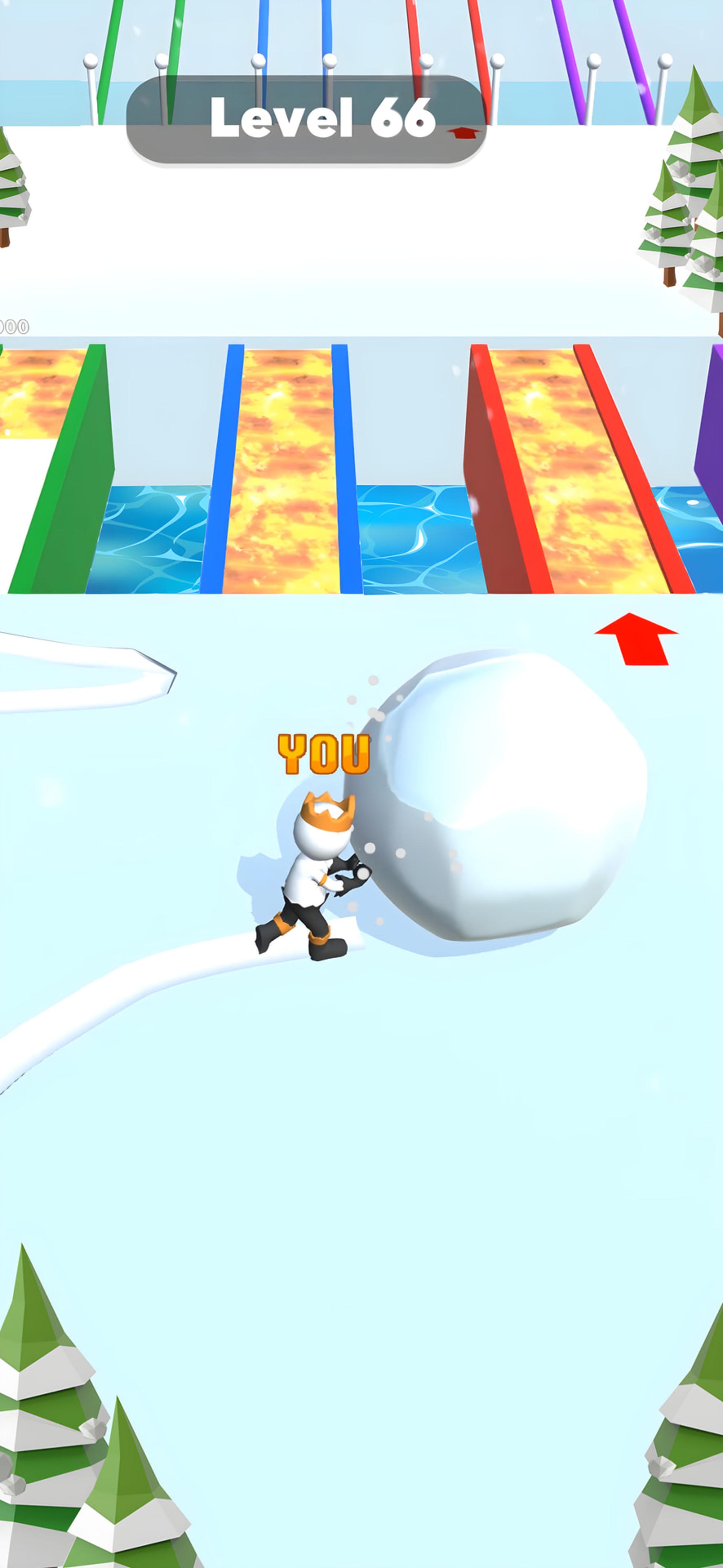 شخصیت بازی Snow Race در حال هل دادن گلوله برف بزرگ در مرحله ۶۶
