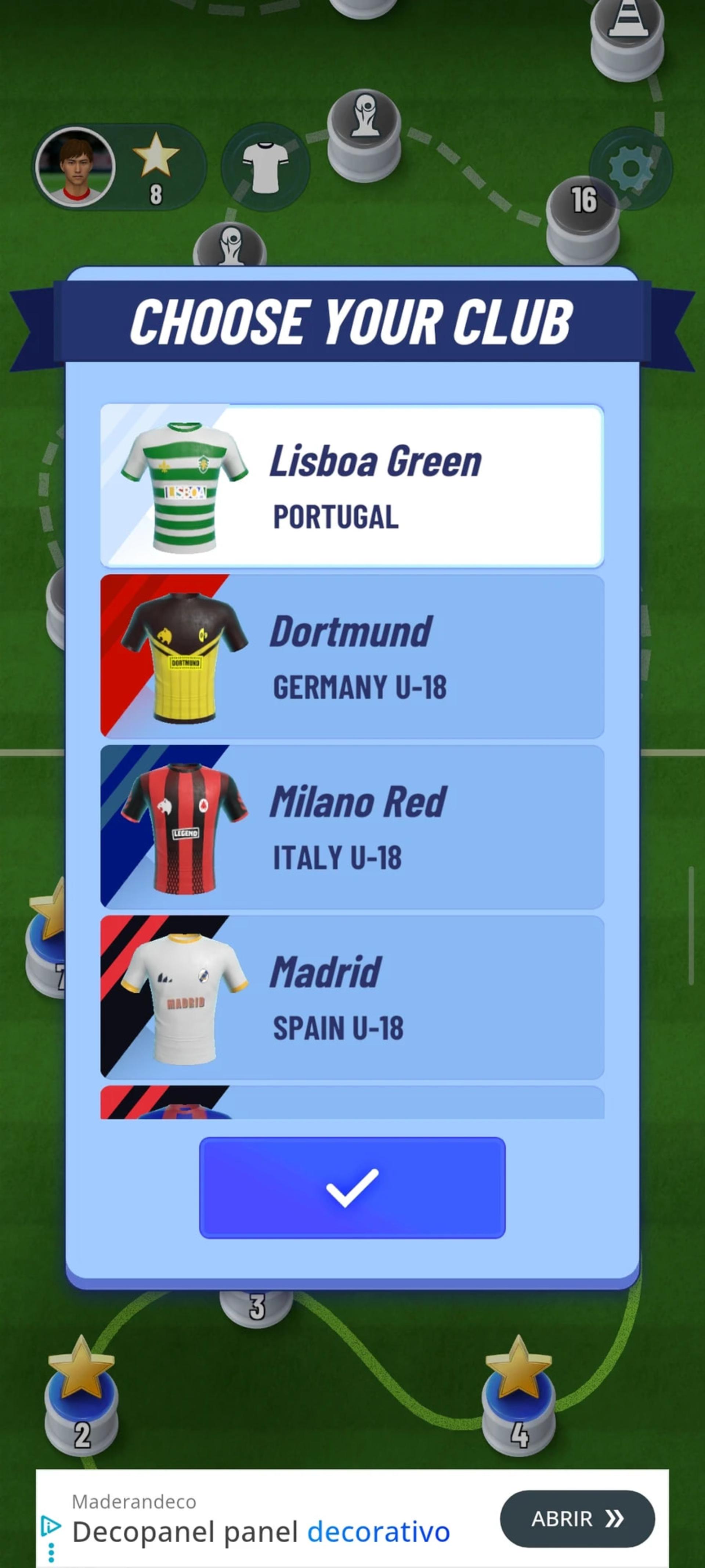 فهرست انتخاب باشگاه‌های مختلف در منوی بازی موبایل Soccer Superstar