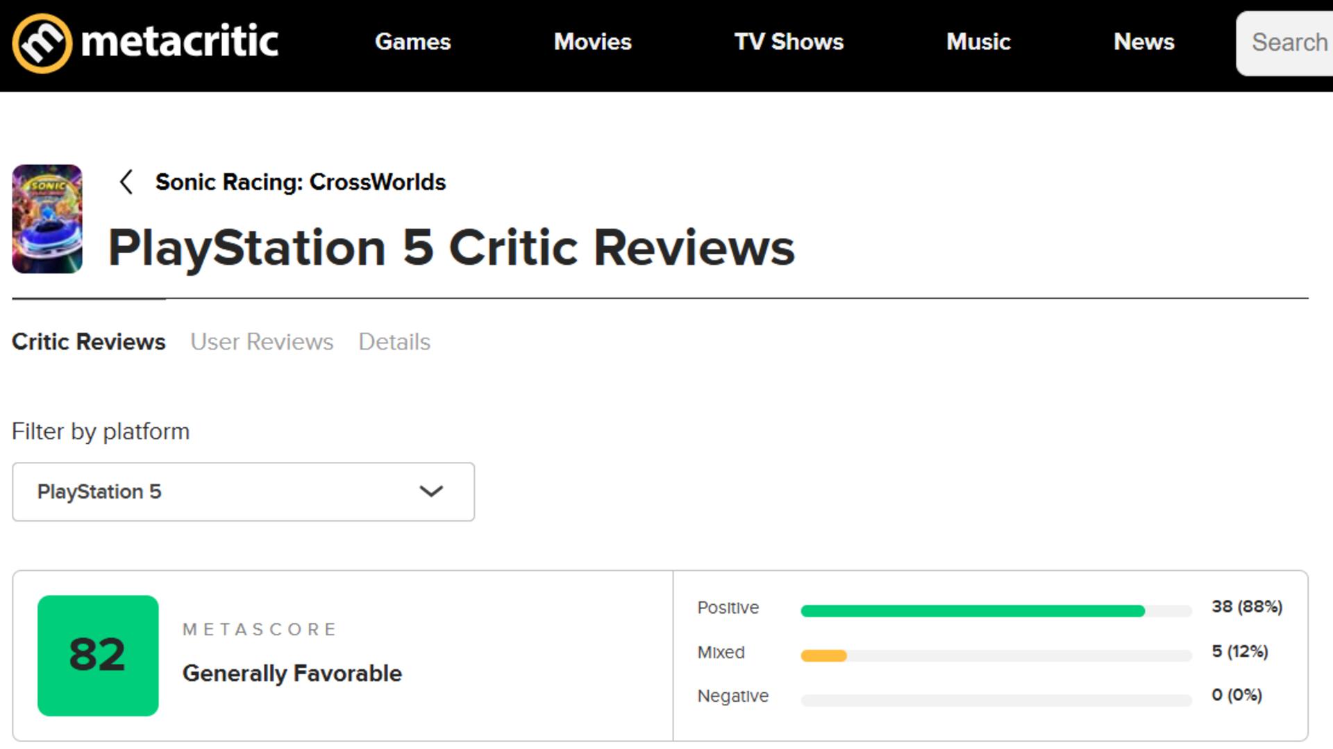 میانگین نقدها و نمرات بازی Sonic Racing CrossWorlds در وب‌سایت متاکریتیک (Metacritic)