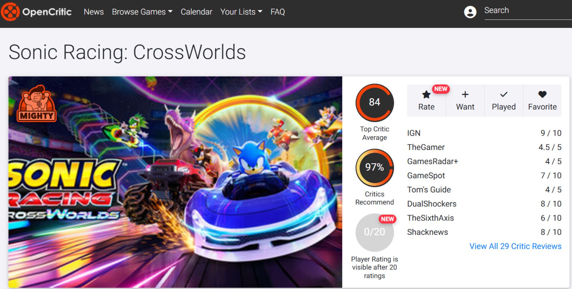 میانگین نقدها و نمرات بازی Sonic Racing CrossWorlds در وب‌سایت اوپن‌کریتیک (Opencritic)