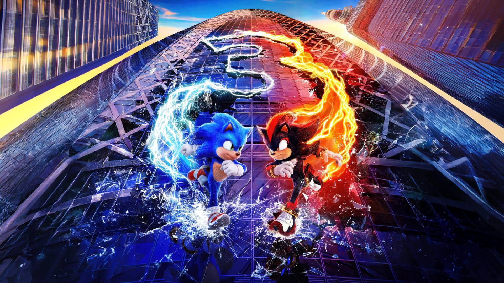 سونیک و شدو در حال دویدن روی برج در پوستر فیلم Sonic the Hedgehog 3