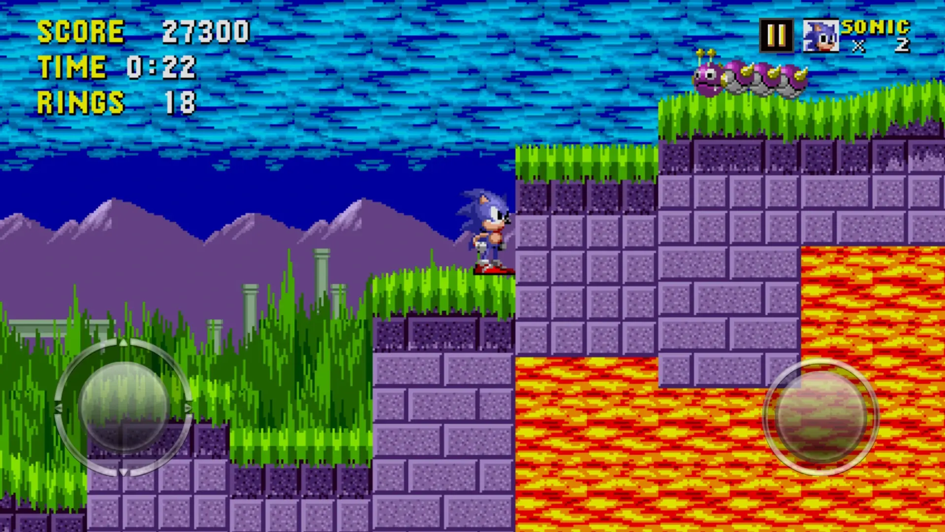 شخصیت سونیک (Sonic the Hedgehog) در محیط بازی کلاسیک در حال حرکت روی پلتفرم‌های سبز