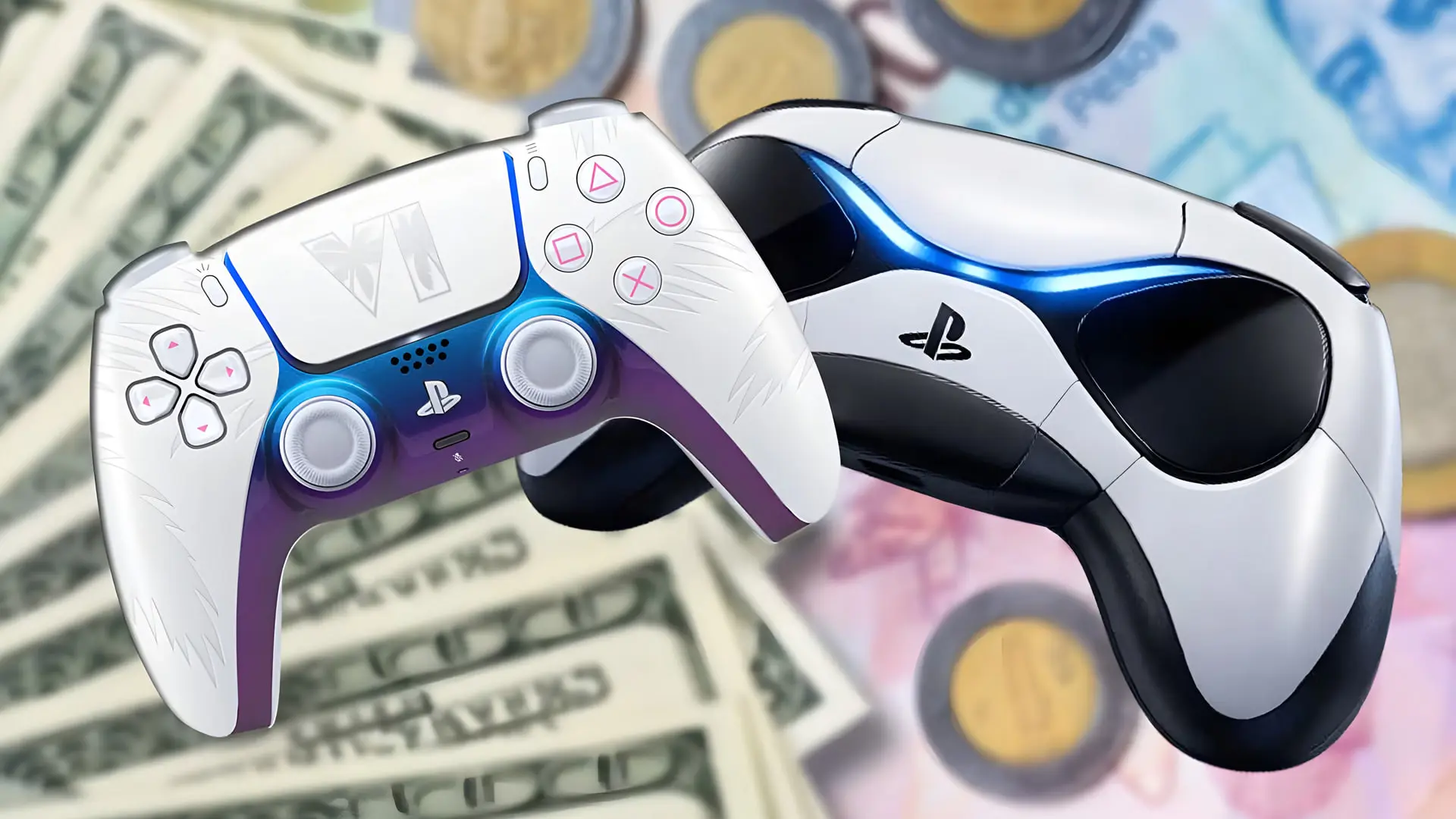 کنترلرهای نسل جدید پلی استیشن (PlayStation) روی پس‌زمینه‌ای از اسکناس و سکه