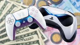 کنترلرهای نسل جدید پلی استیشن (PlayStation) روی پس‌زمینه‌ای از اسکناس و سکه