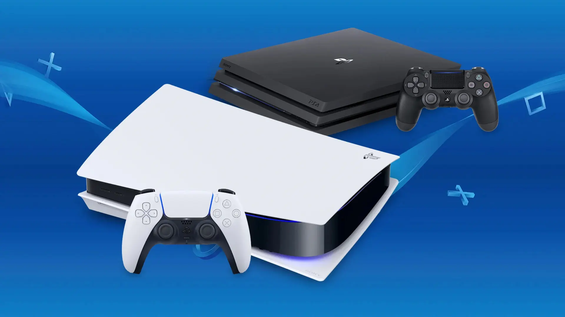 کنسول بازی پلی استیشن ۵ (PS5) سفید و پلی استیشن ۴ (PS4) مشکی همراه با دسته‌های بازی