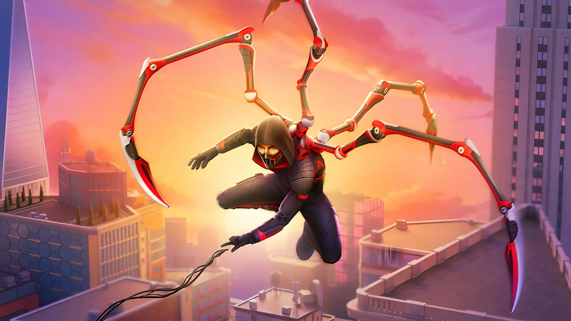 شخصیت مرد عنکبوتی (Spider-Man) با بازوهای مکانیکی در حال حرکت در شهر