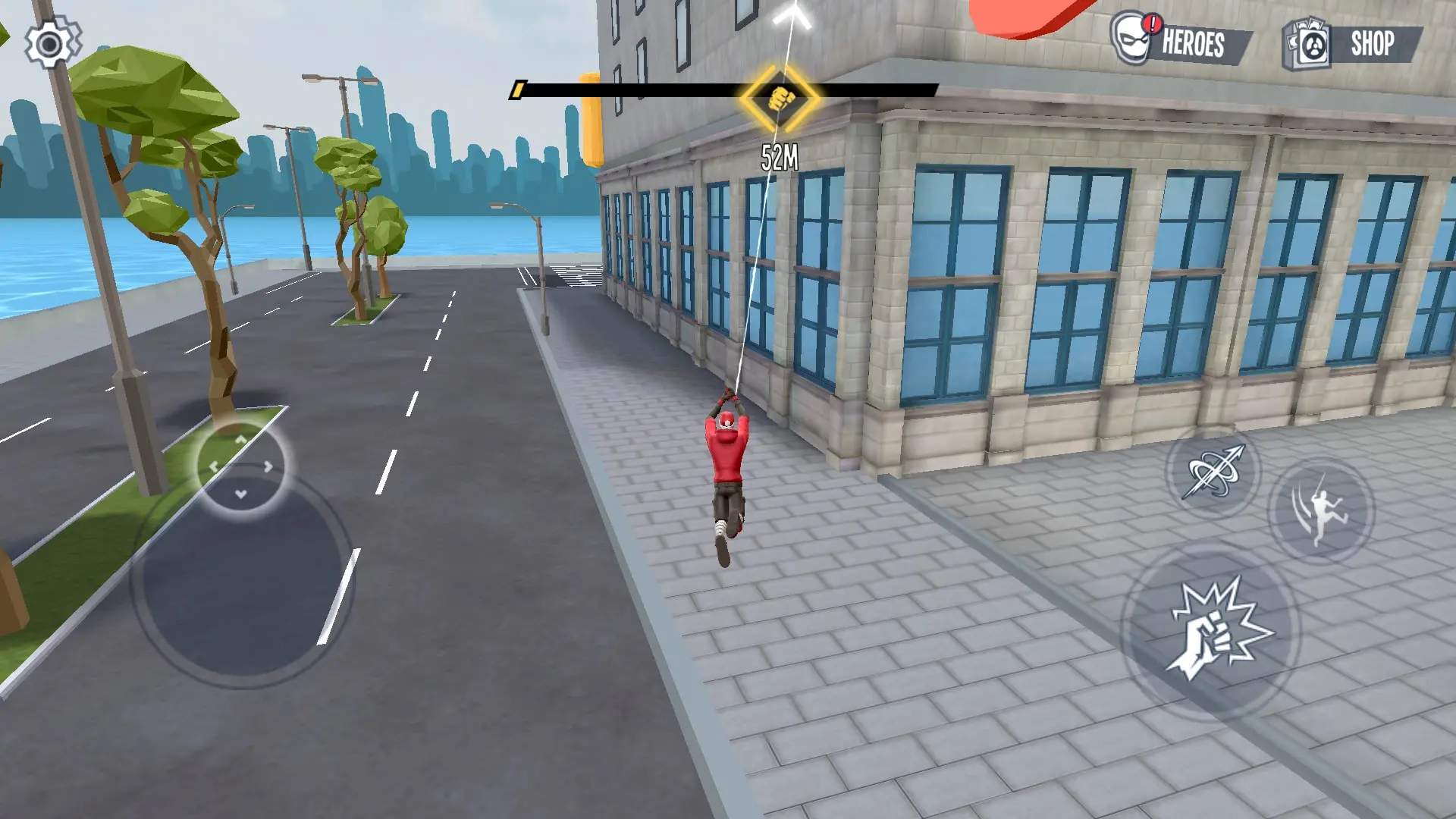 شخصیت مرد عنکبوتی (Spider-Man) در حال تاب خوردن با تار در بازی Spider Fighter 3
