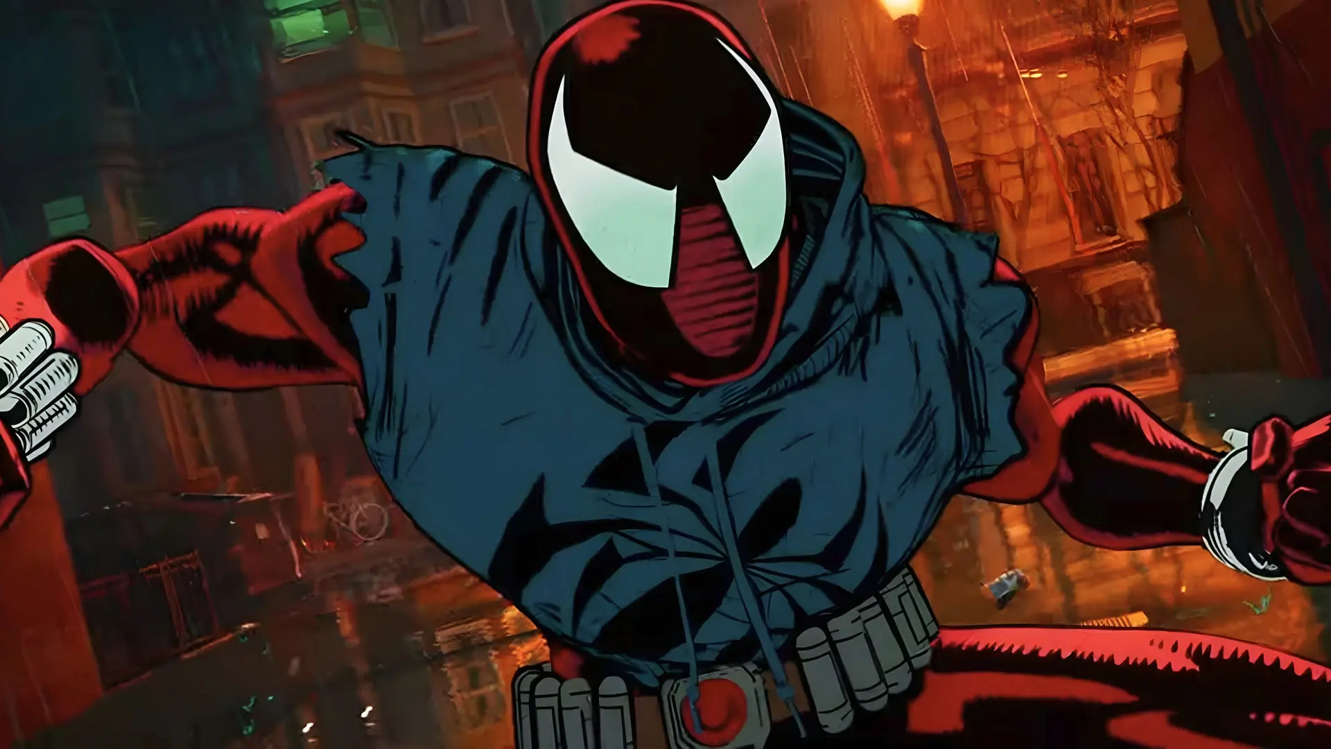 شخصیت مرد عنکبوتی (Spider-Man) با لباس قرمز و آبی در محیط شهری