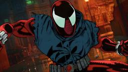 شخصیت مرد عنکبوتی (Spider-Man) با لباس قرمز و آبی در محیط شهری