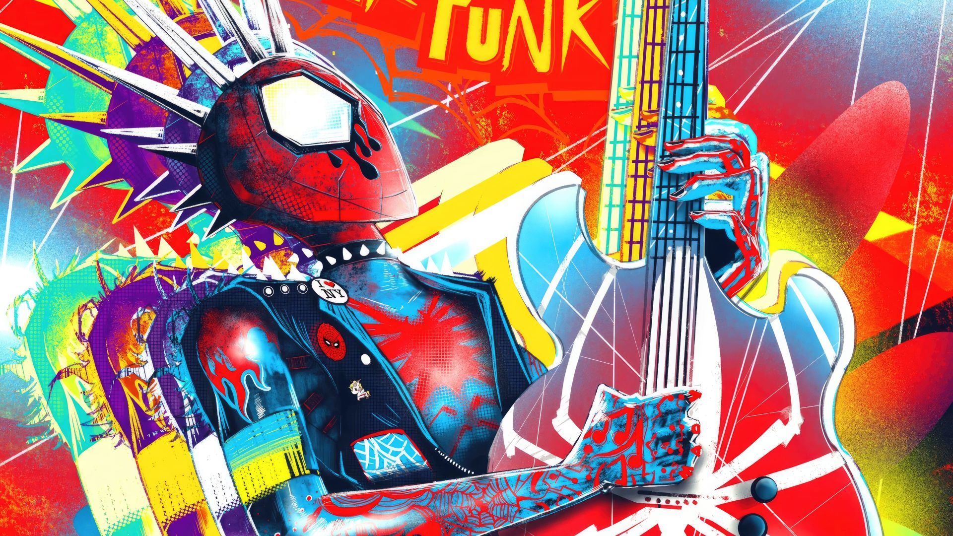 اسپایدرپانک در حال گیتار زدن در انیمیشن Spider-Man: Across the Spider-Verse
