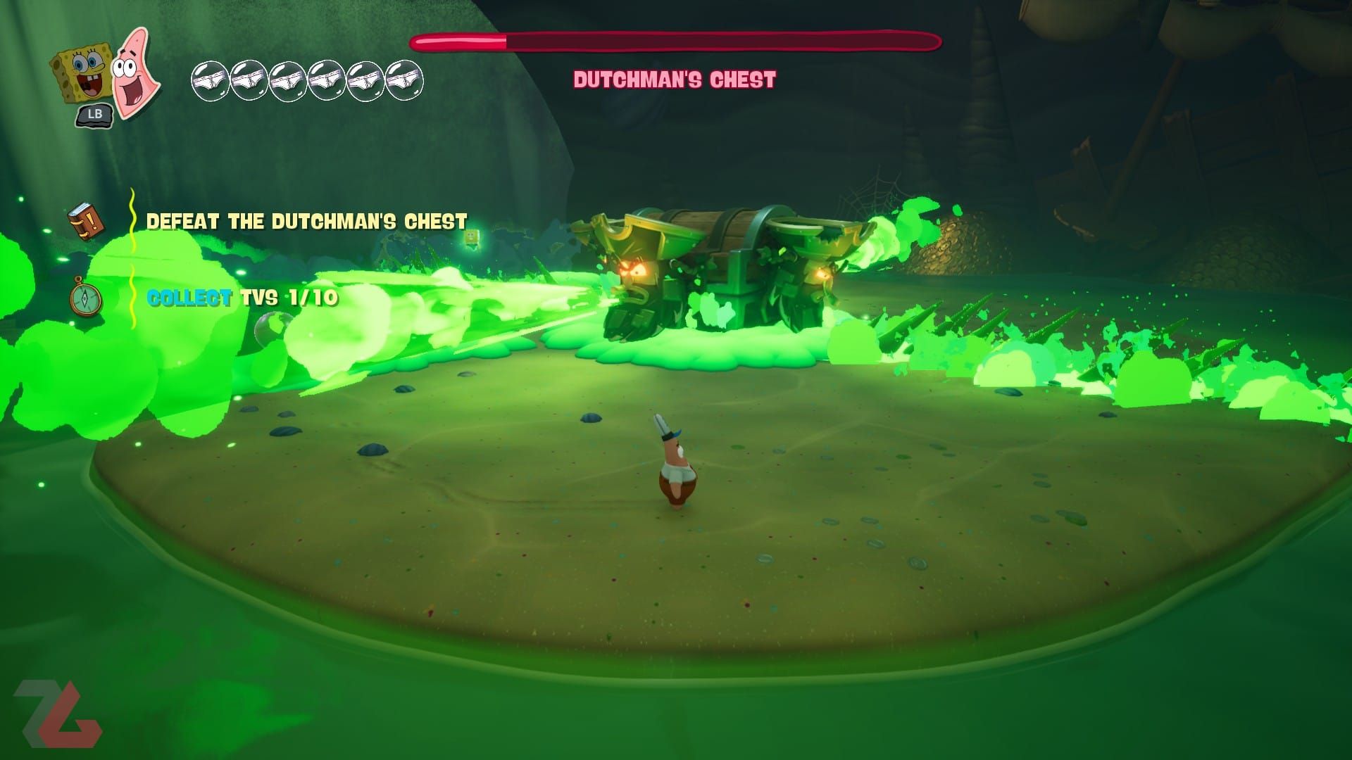 مبارزه پاتریک با باس فایت جعبه داستمن در بازی SpongeBob SquarePants Titans of the Tide