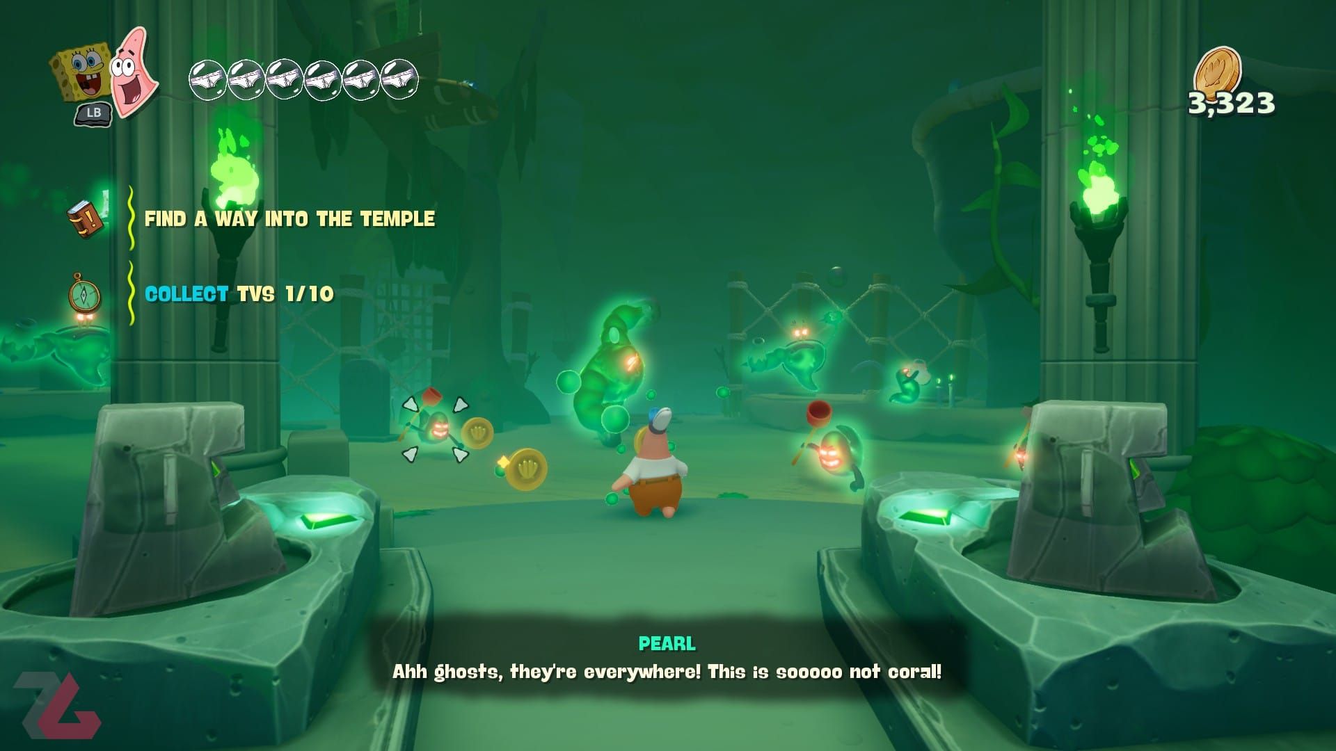 مواجهه پاتریک با سیل دشمنان در بازی SpongeBob SquarePants Titans of the Tide