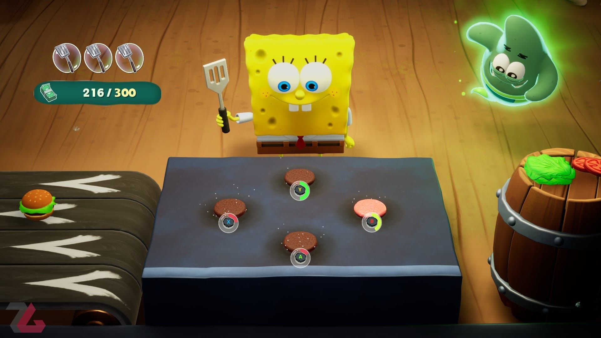 باب اسفنجی در حال درست کردن همبرگر در مرحله فرعی بازی SpongeBob SquarePants Titans of the Tide