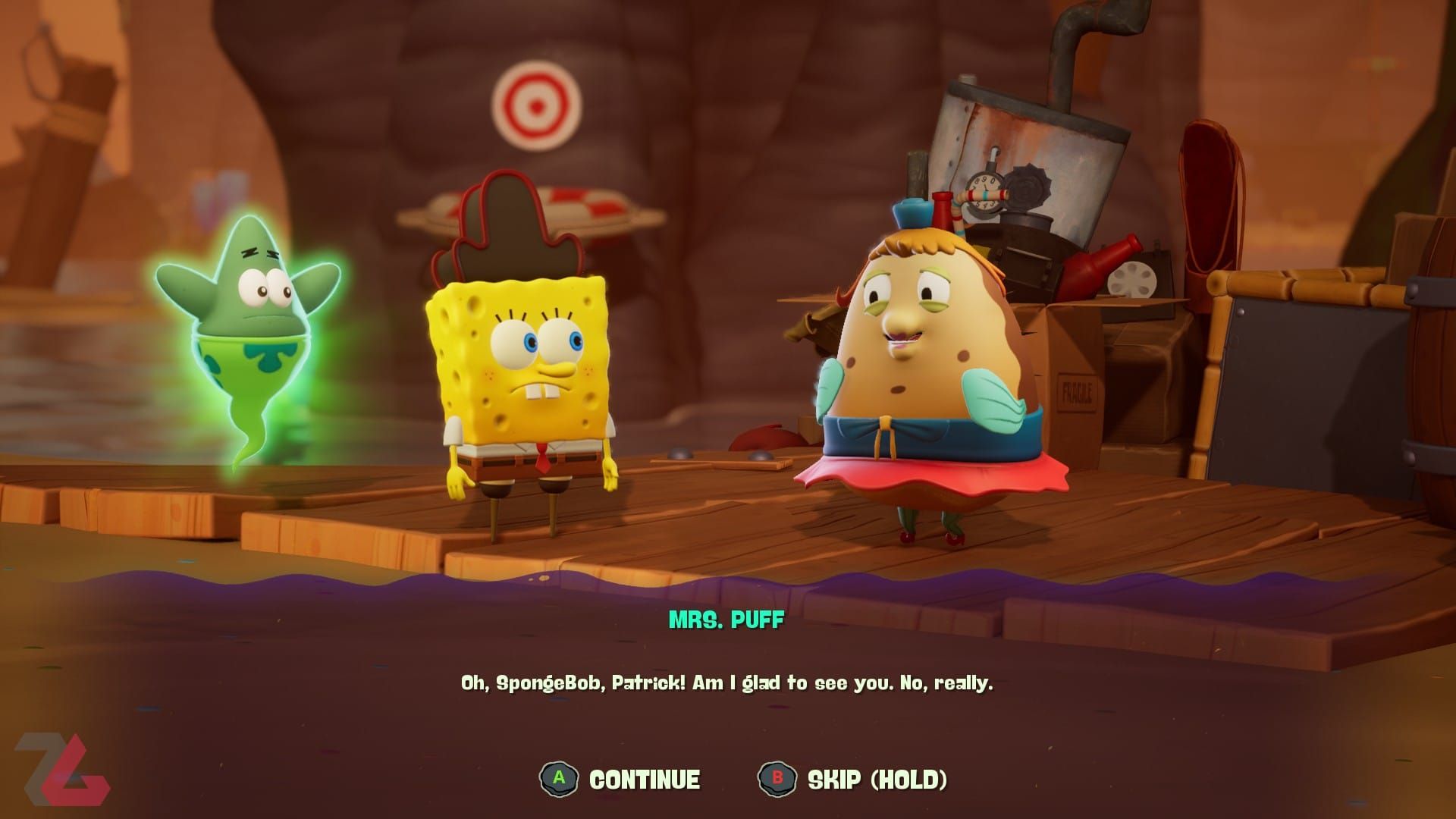 گفتگوی باب اسفنجی و پاتریک با خانم پاف در بازی SpongeBob SquarePants Titans of the Tide