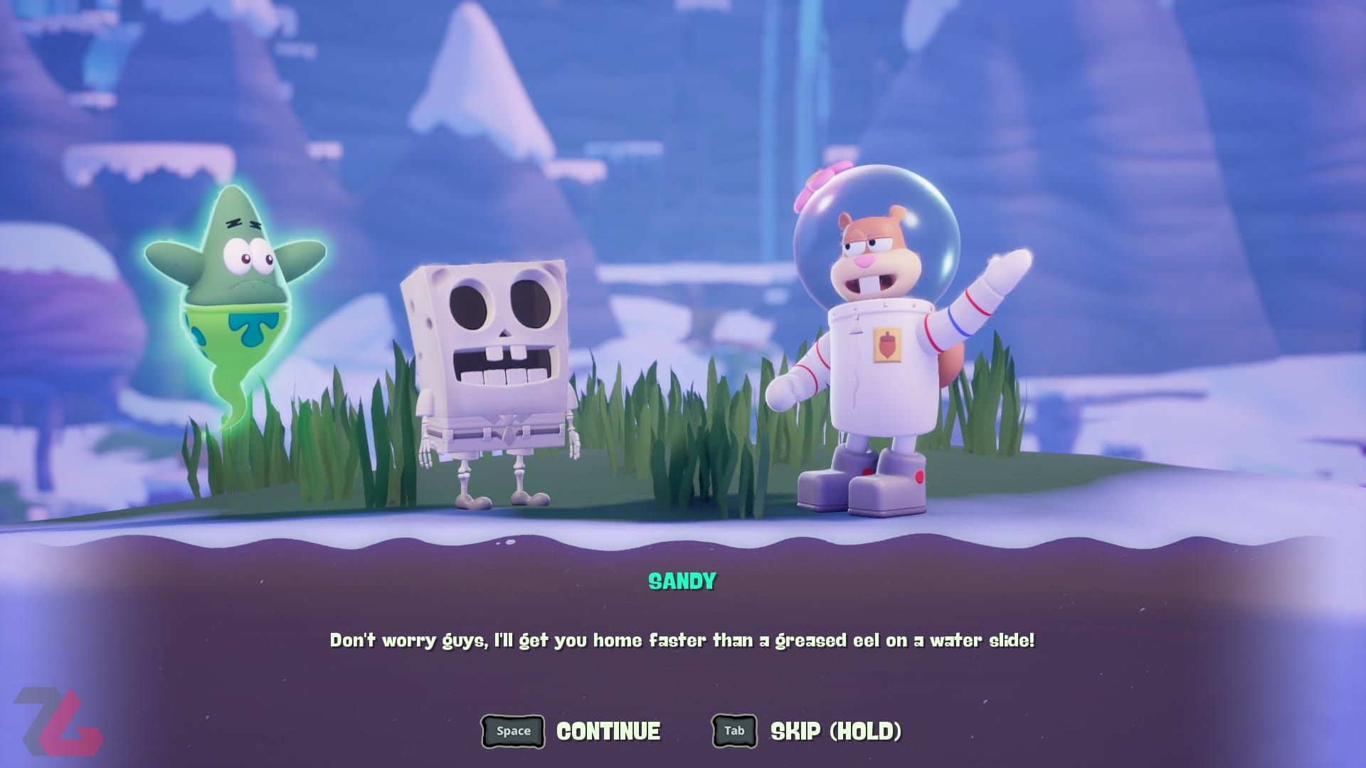 سندی در حال صحبت با باب اسفنجی و روح پاتریک در بازی SpongeBob SquarePants Titans of the Tide