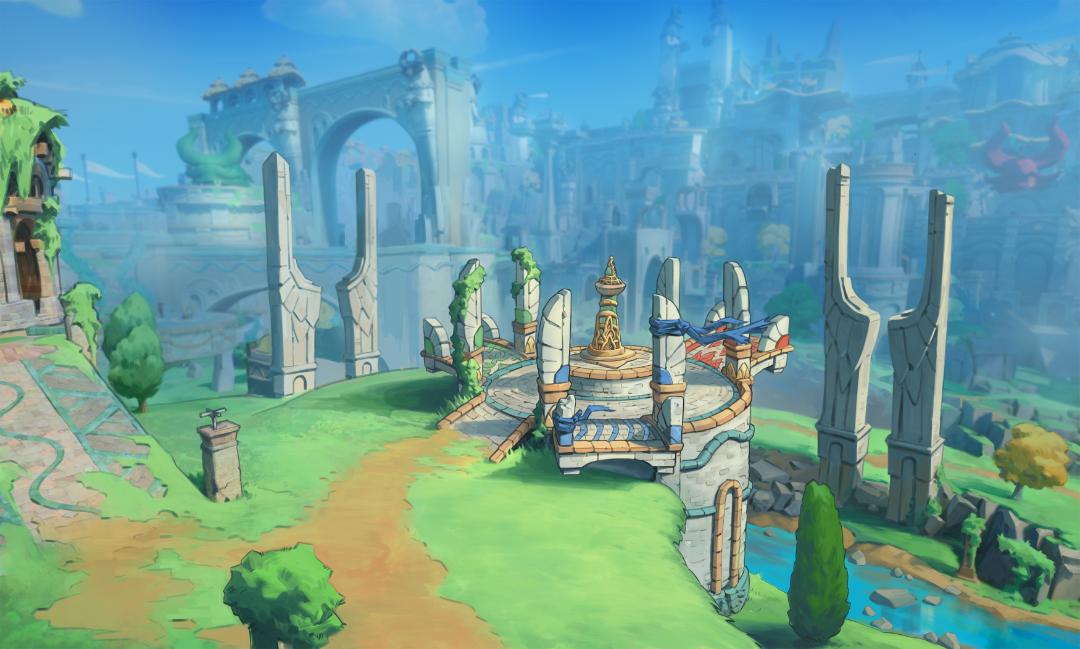 محیط بازی Spyro: A Realm Beyond با معماری کلاسیک و تپه‌های سبز