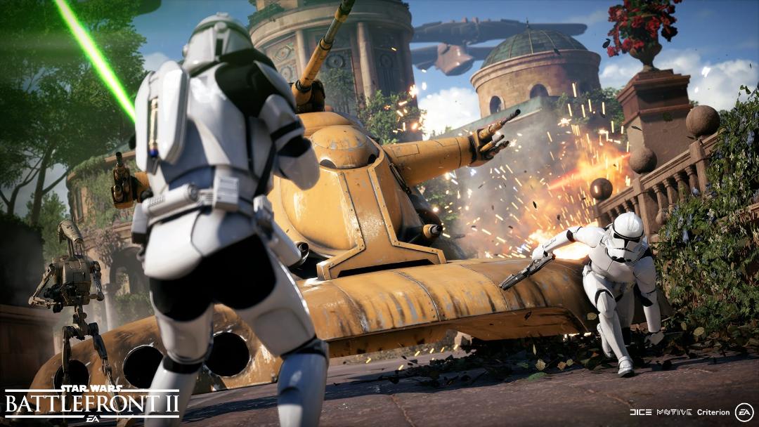 نبرد سربازان با یک تانک فضایی در بازی Star Wars Battlefront 2