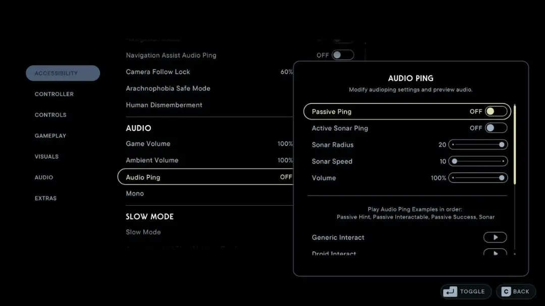 منوی تنظیمات Audio Ping در بازی Star Wars Jedi Survivor برای قابلیت دسترس‌پذیری