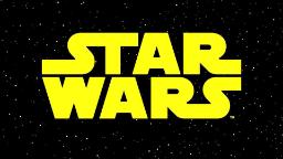 لوگوی زرد رنگ جنگ ستارگان (Star Wars) بر پس‌زمینه سیاه پر از ستاره