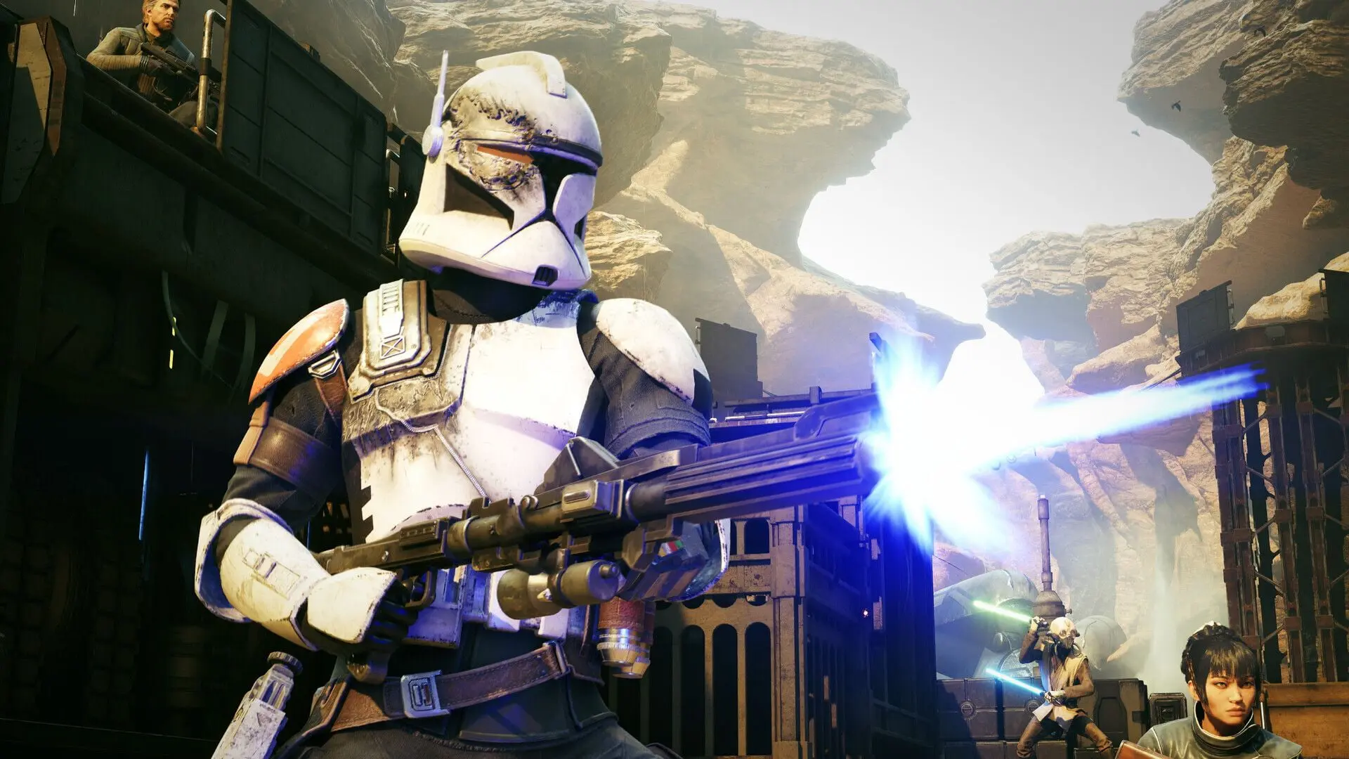 سرباز کلون (Clone Trooper) در حال شلیک با سلاح در محیط بیابانی بازی